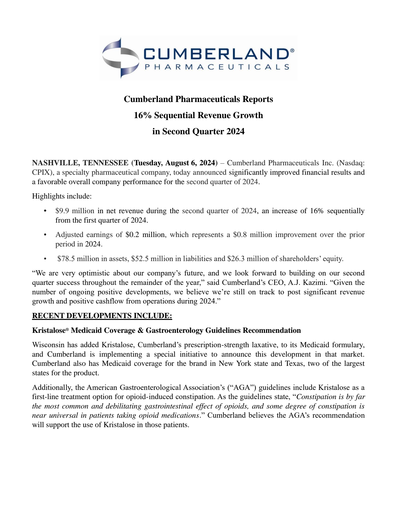 Cumberland Pharmaceuticals' Q2 2024 Press Release