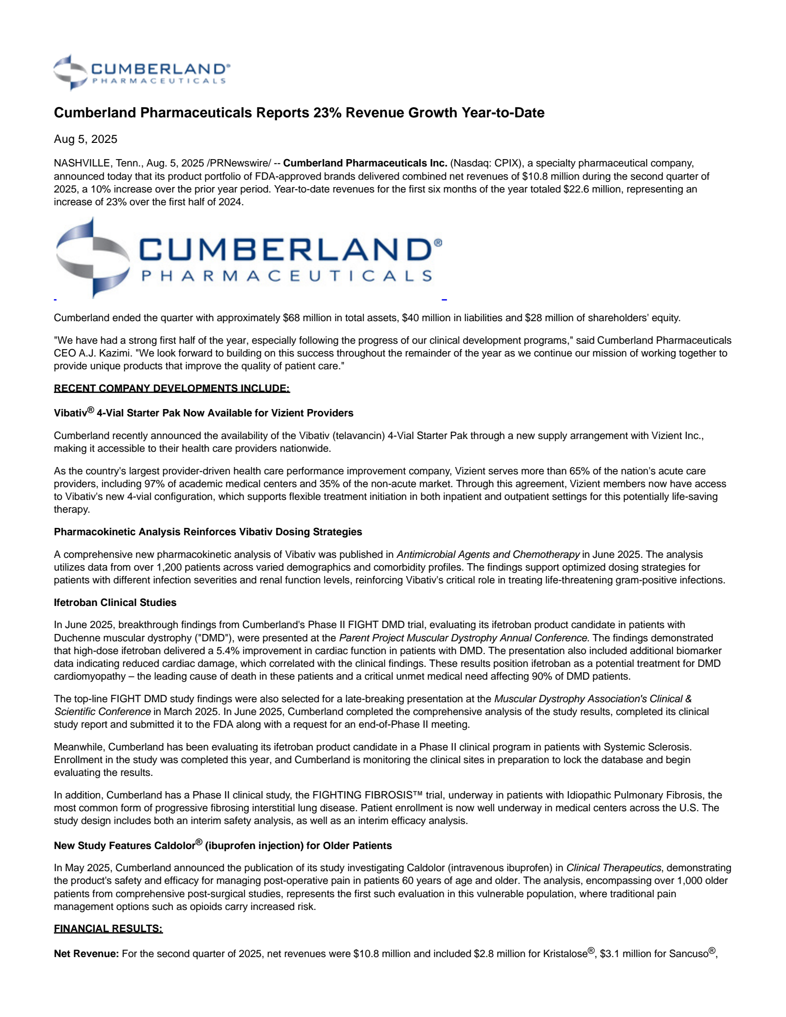 Cumberland Pharmaceuticals' Q2 2025 Press Release