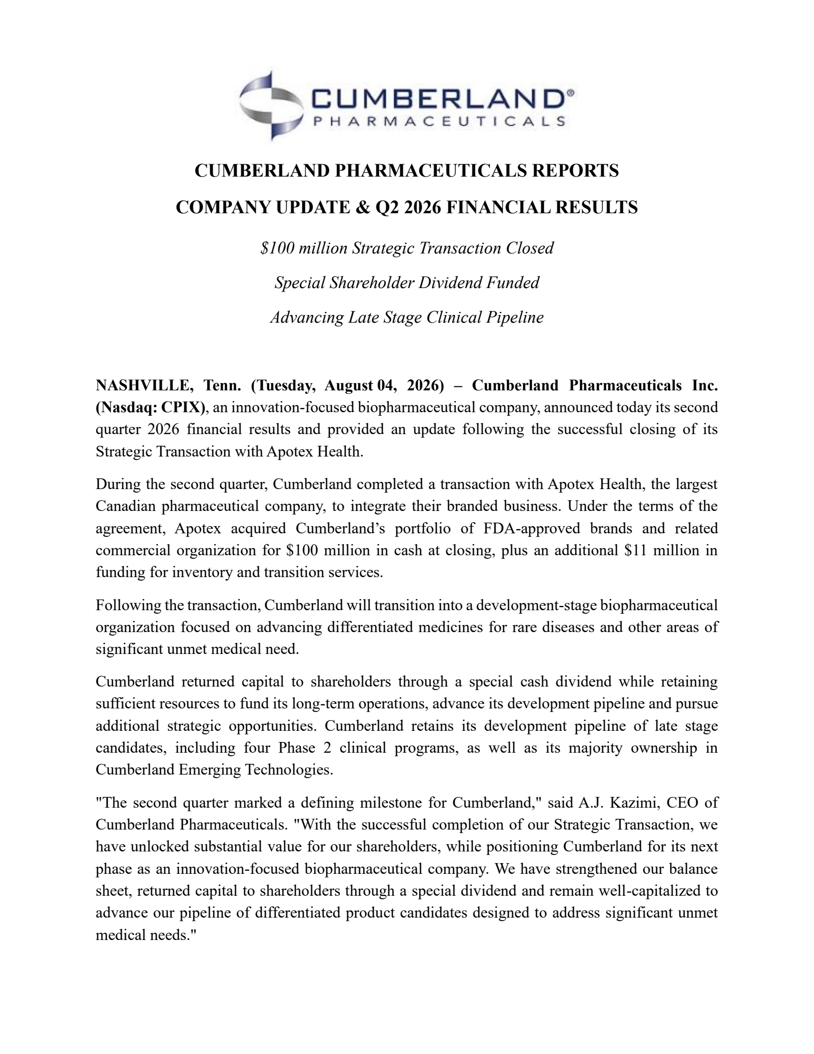 Cumberland Pharmaceuticals' Q2 2026 Press Release