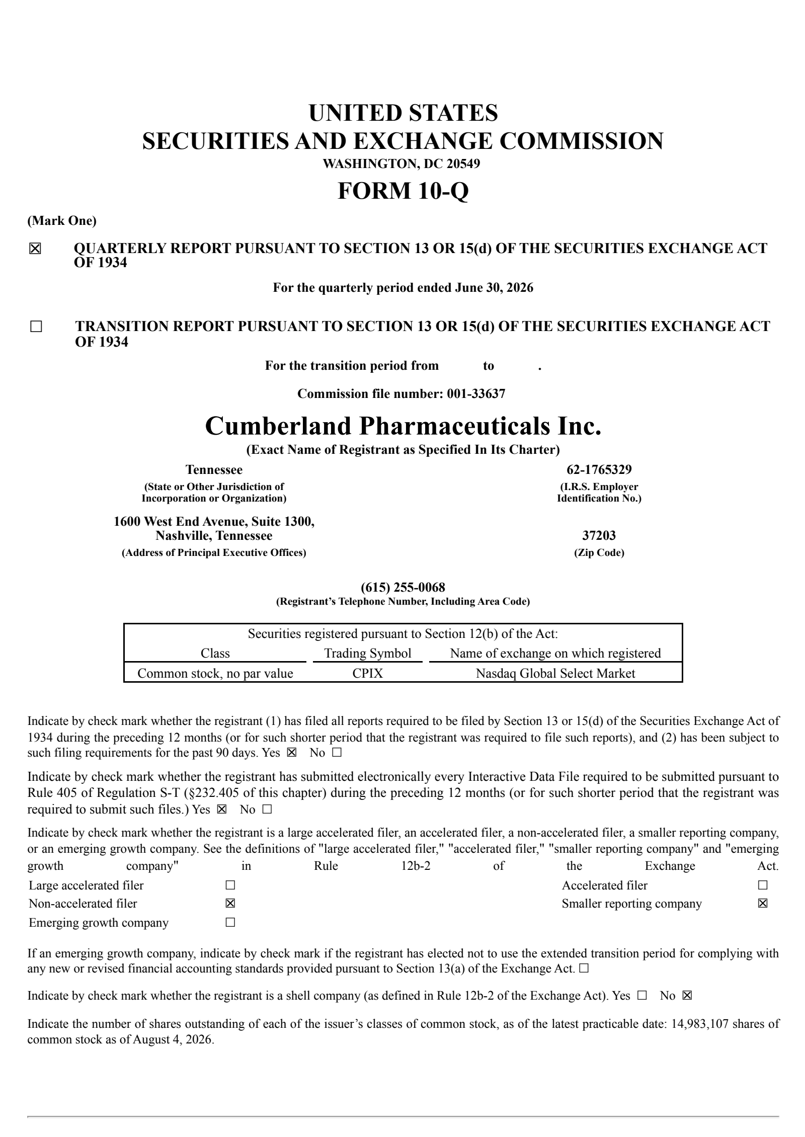Cumberland Pharmaceuticals' Q2 2026 Quarterly report