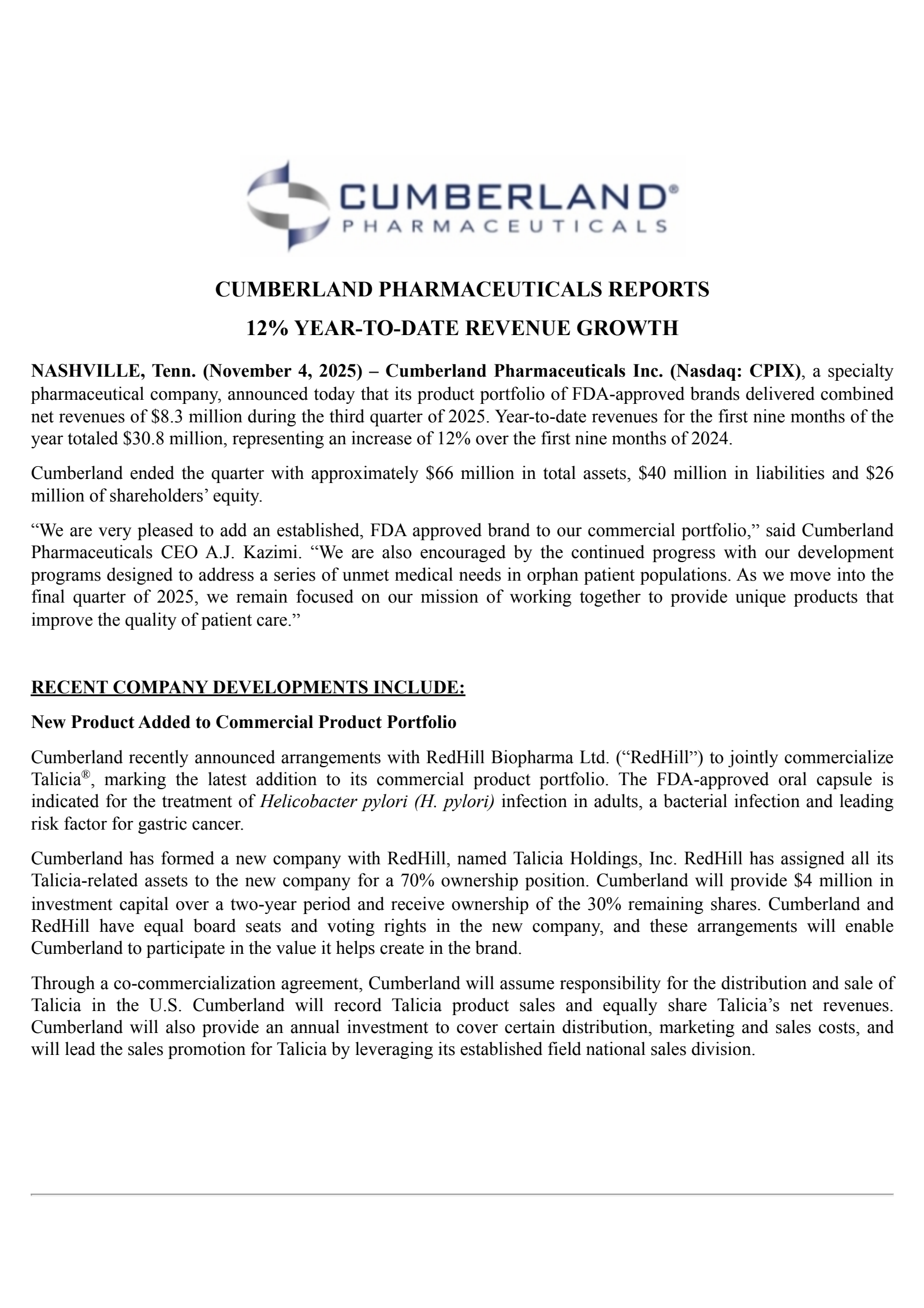 Cumberland Pharmaceuticals' Q3 2025 Earnings Release