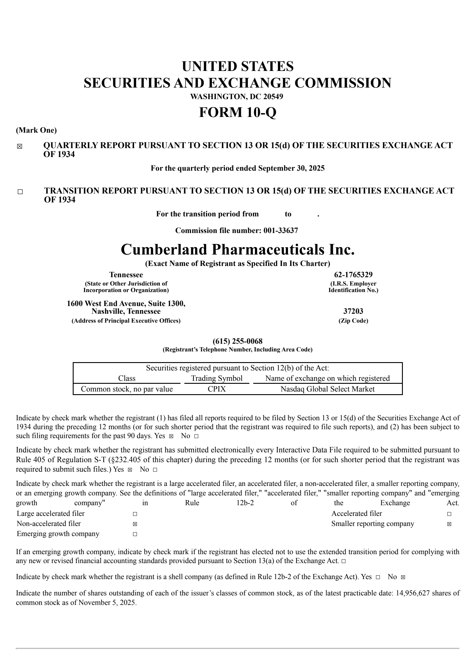 Cumberland Pharmaceuticals' Q3 2025 Quarterly Report