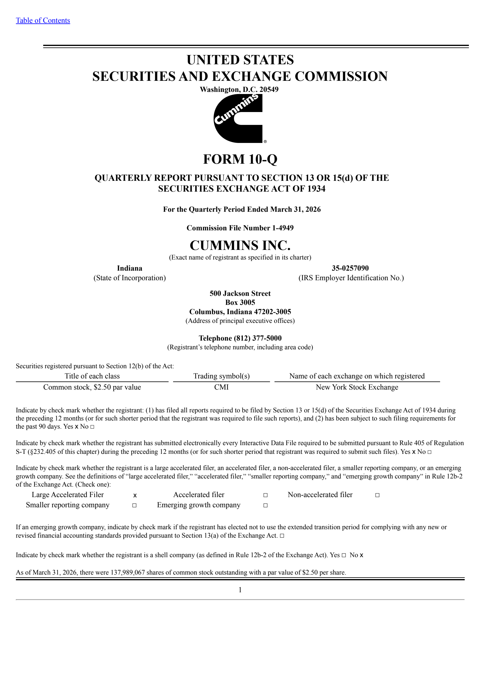 Cummins' Q1 2026 Quarterly report