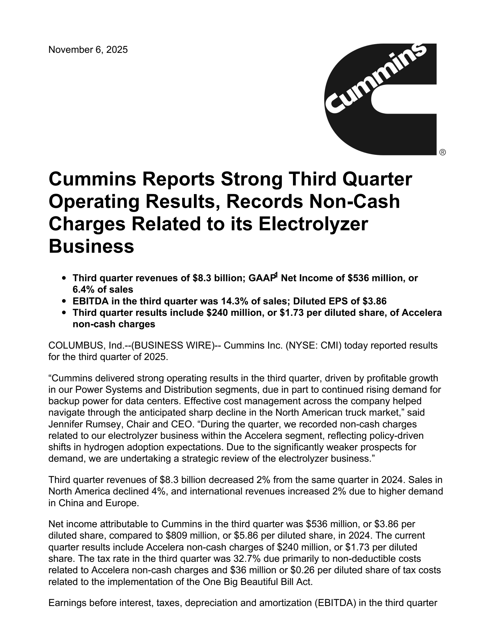 Cummins' Q3 2025 Earnings Release