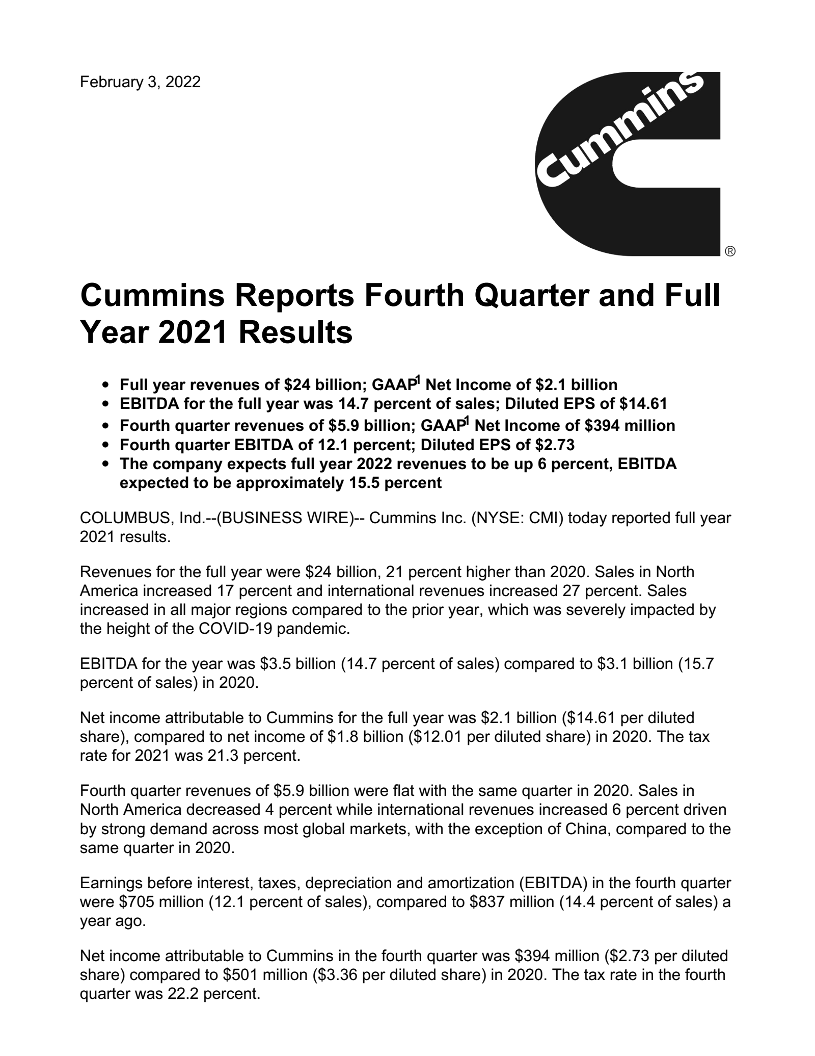 Cummins' Q4 2021 Earnings Release