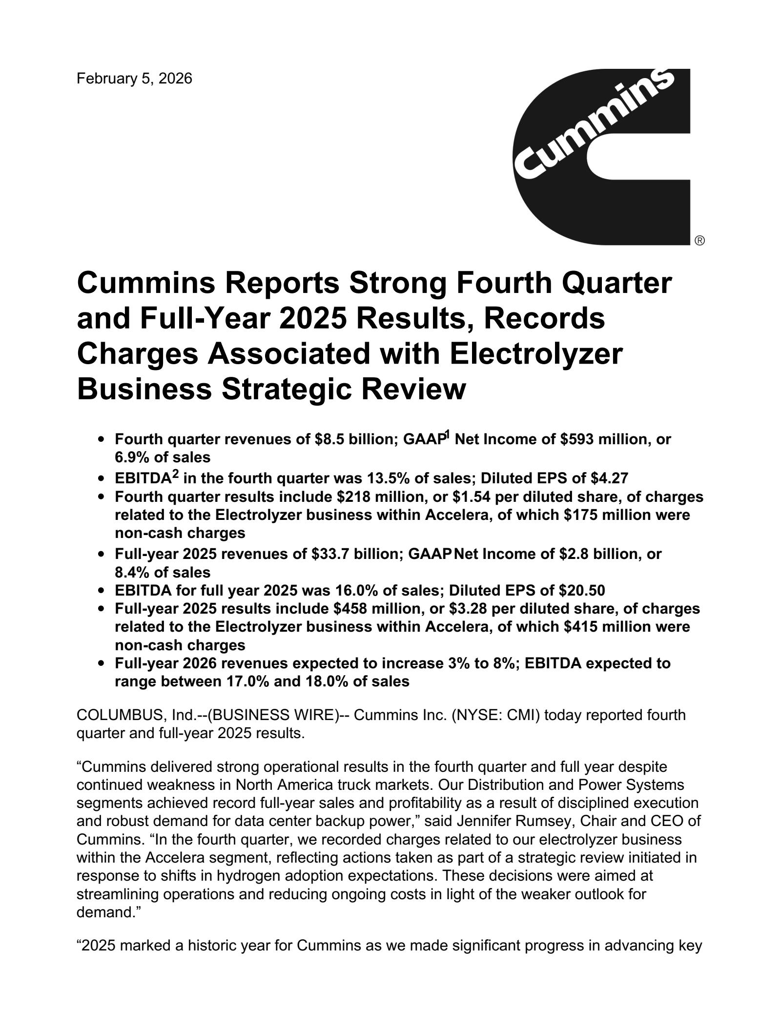 Cummins' Q4 2025 Press Release