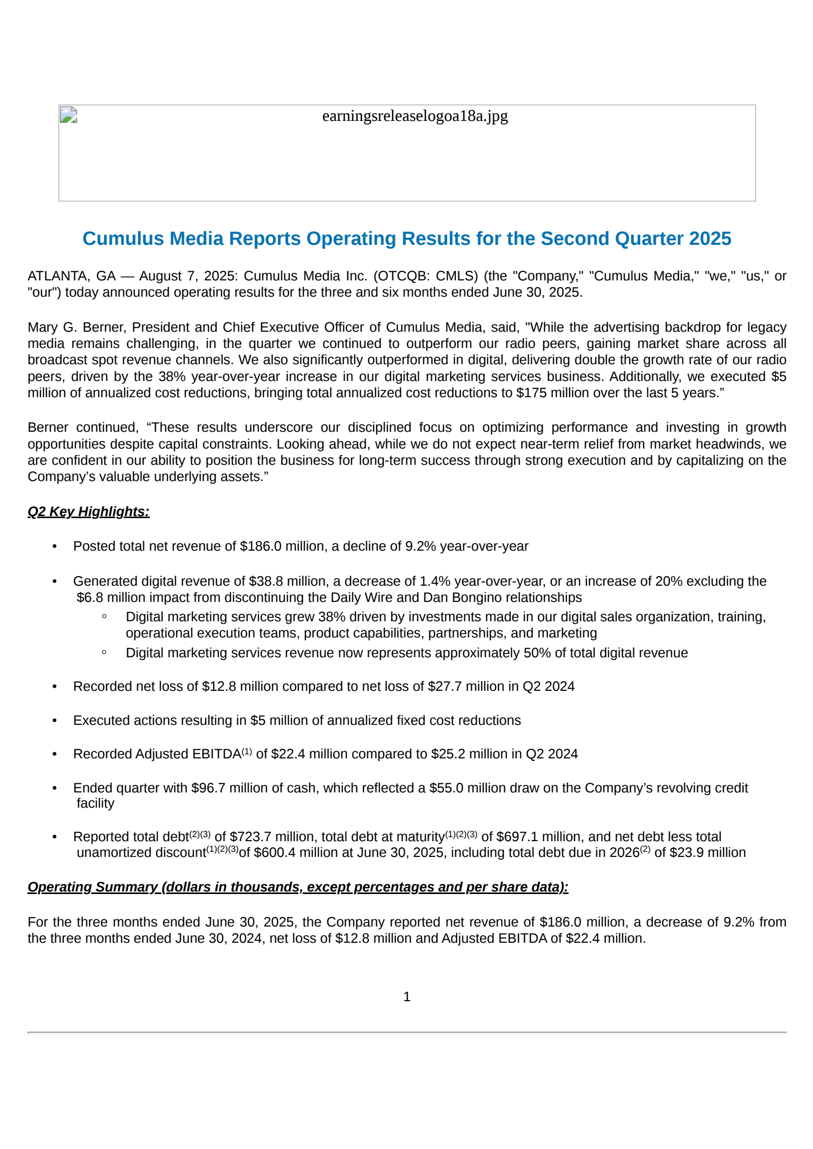 Cumulus Media's Q2 2025 Press Release