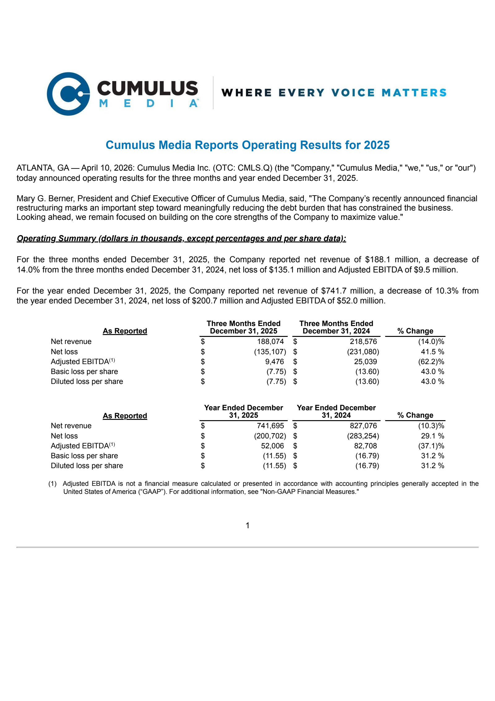 Cumulus Media's Q4 2025 Press Release