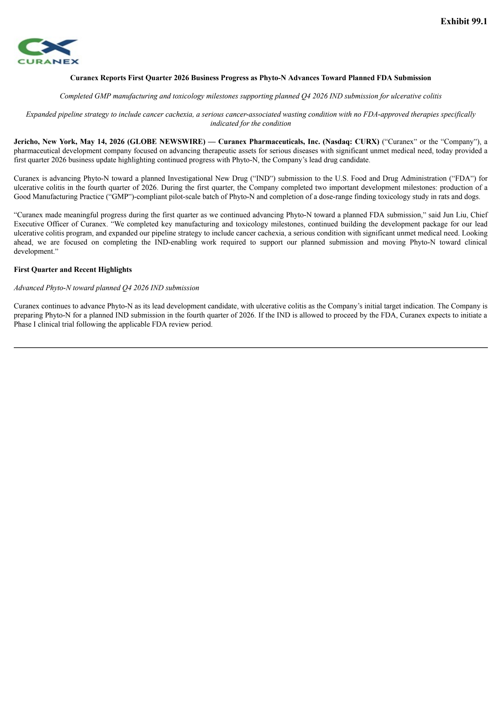 Curanex Pharmaceuticals' Q1 2026 Press Release