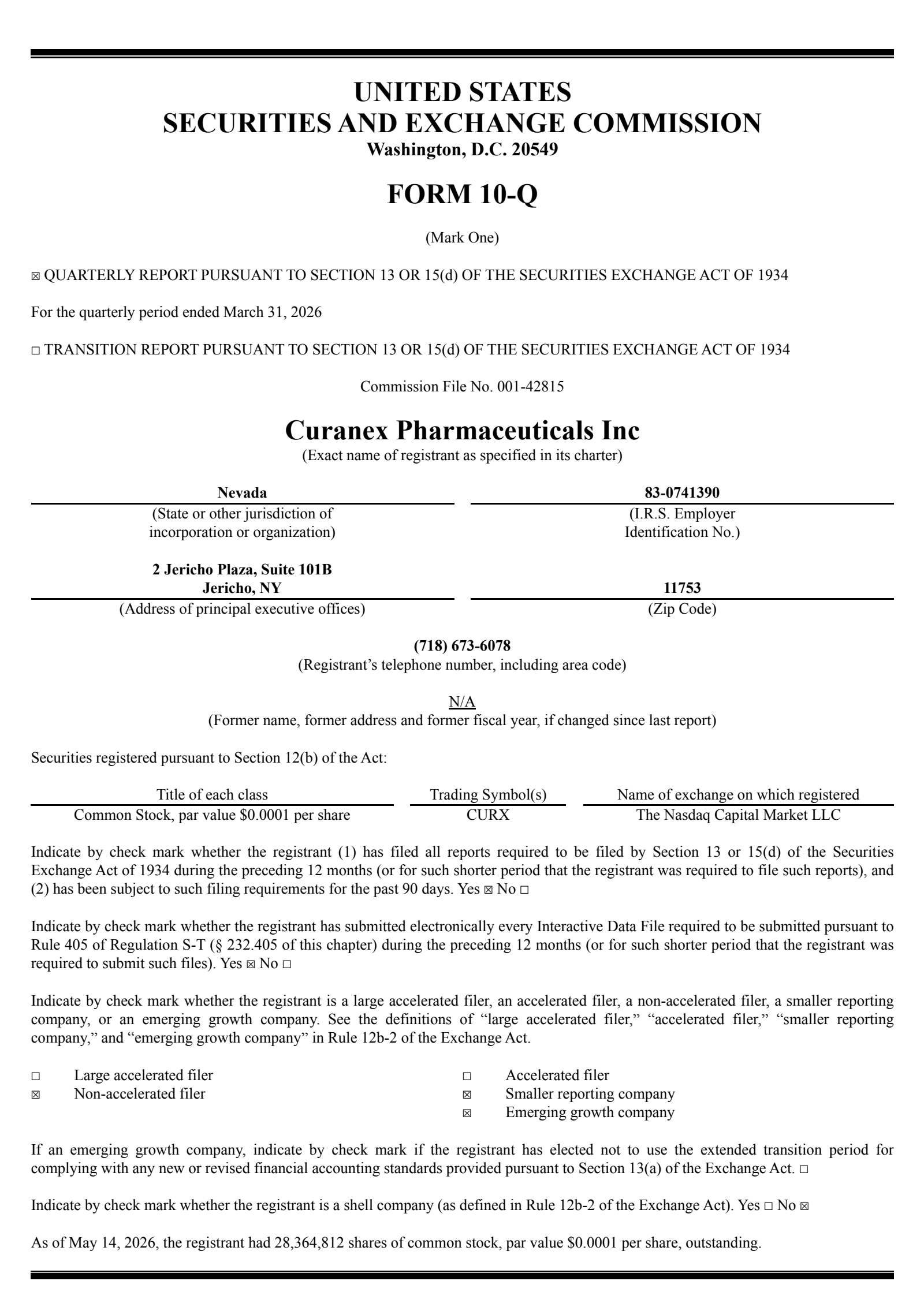 Curanex Pharmaceuticals' Q1 2026 Quarterly report