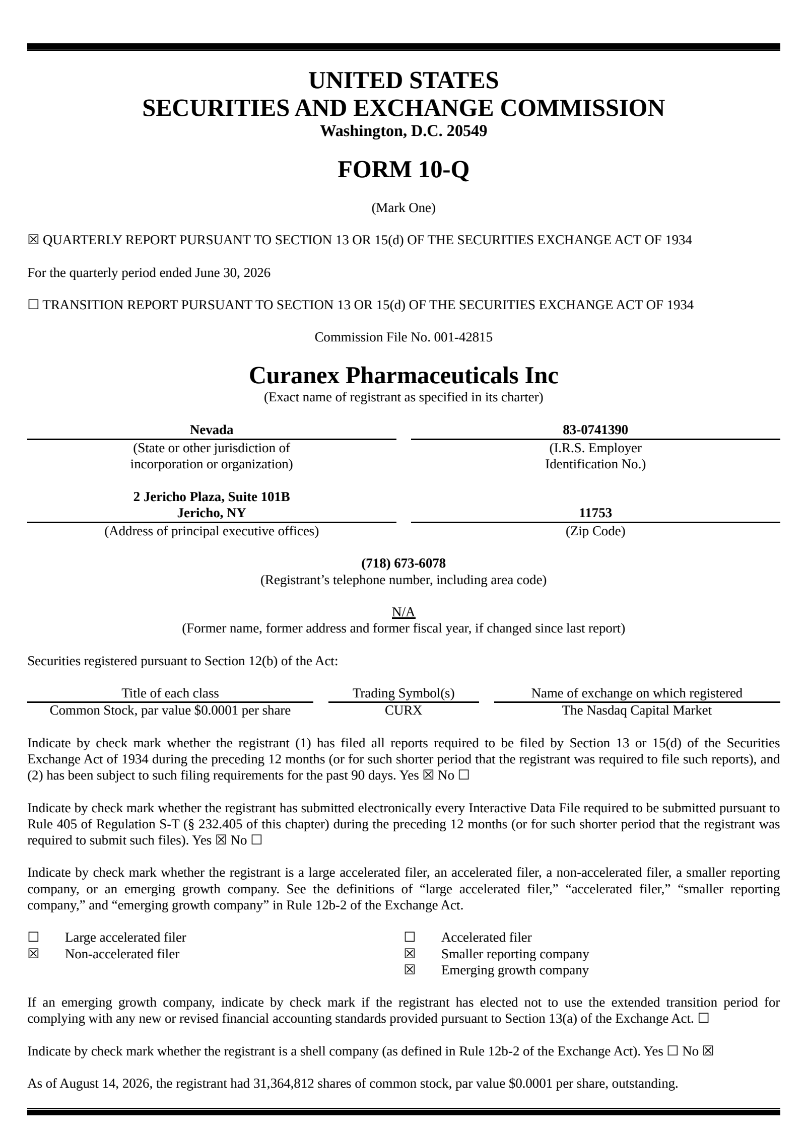Curanex Pharmaceuticals' Q2 2026 Quarterly report