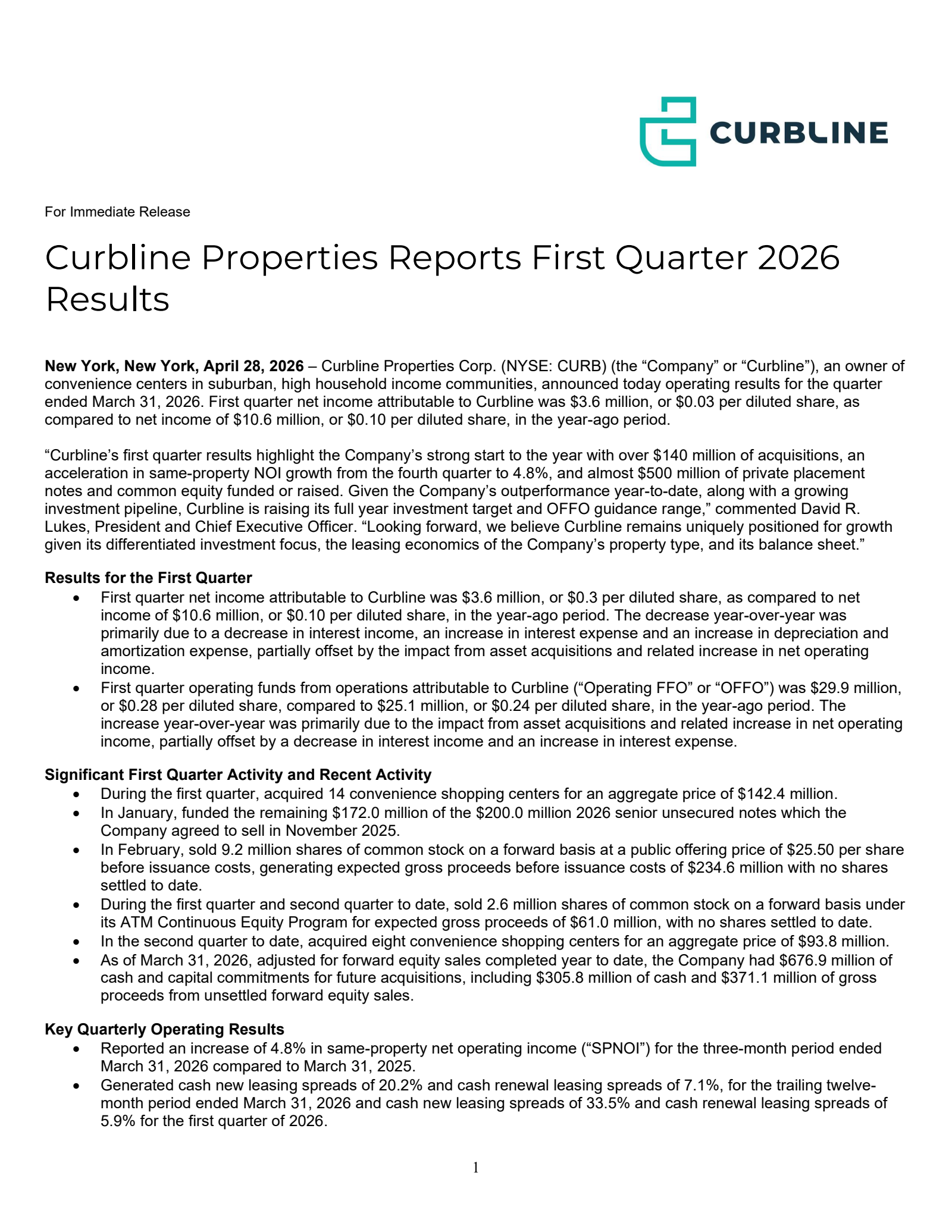 Curbline Properties' Q1 2026 Press Release