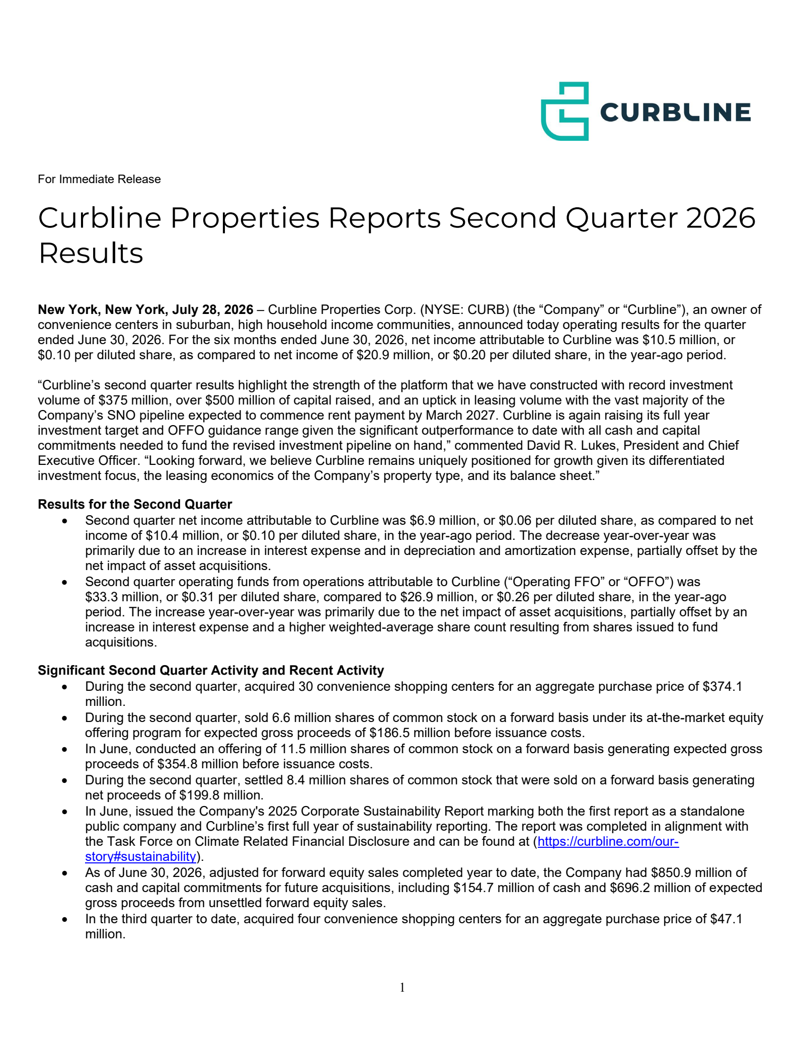 Curbline Properties' Q2 2026 Press Release