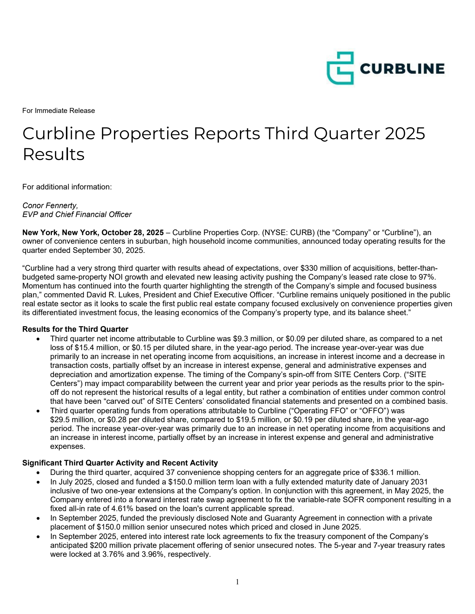 Curbline Properties' Q3 2025 Earnings Release