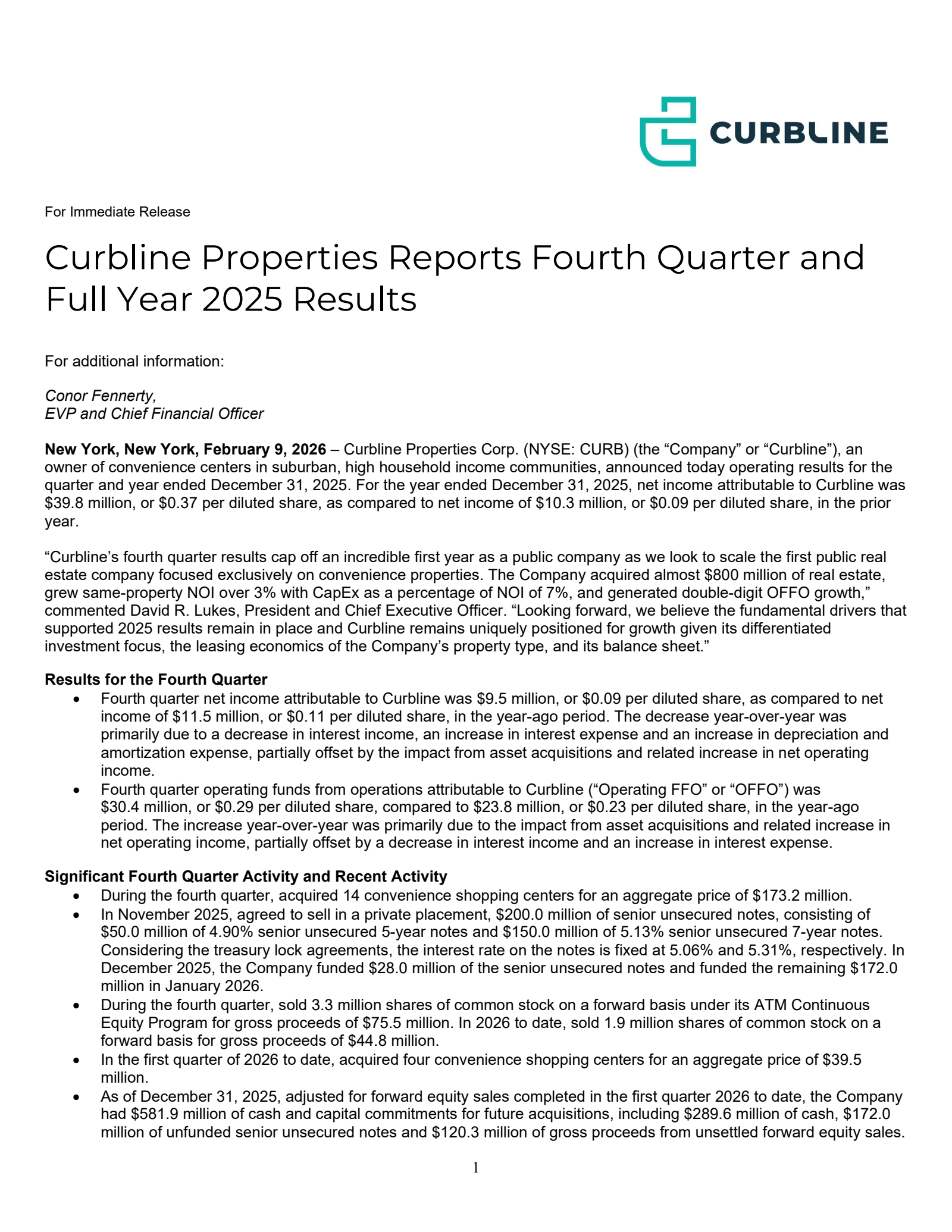 Curbline Properties' Q4 2025 Press Release