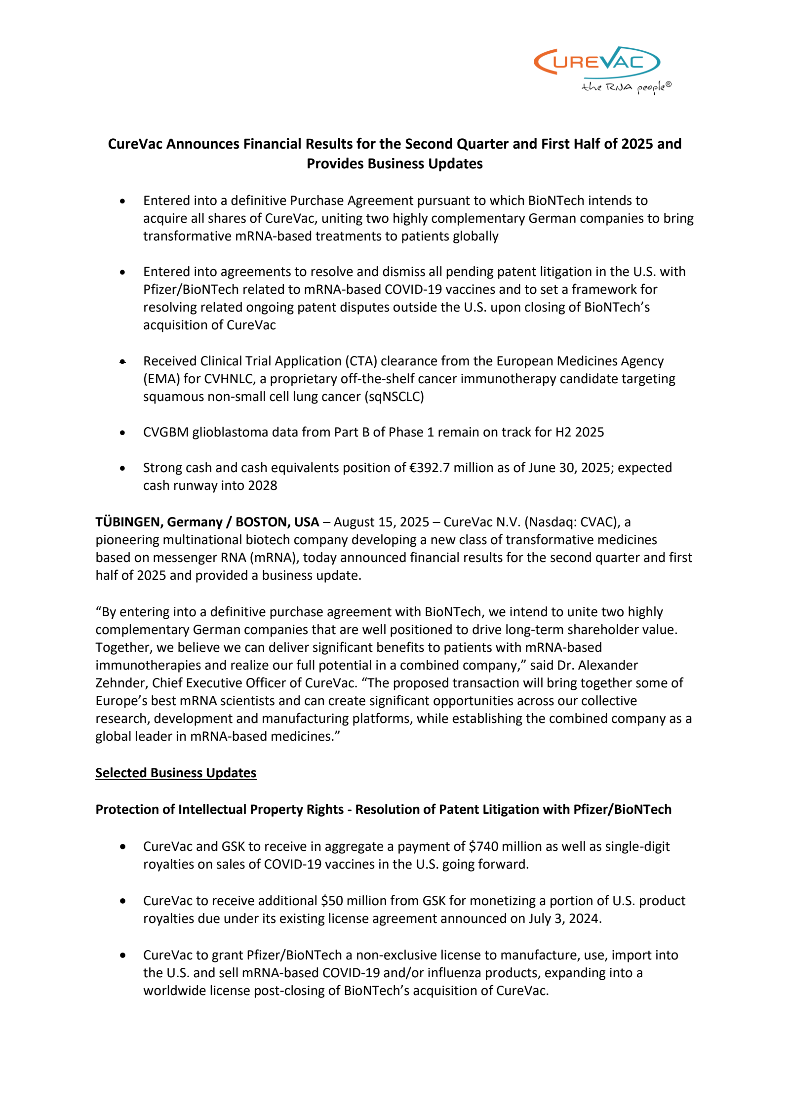 CureVac's Q2 2025 Press Release