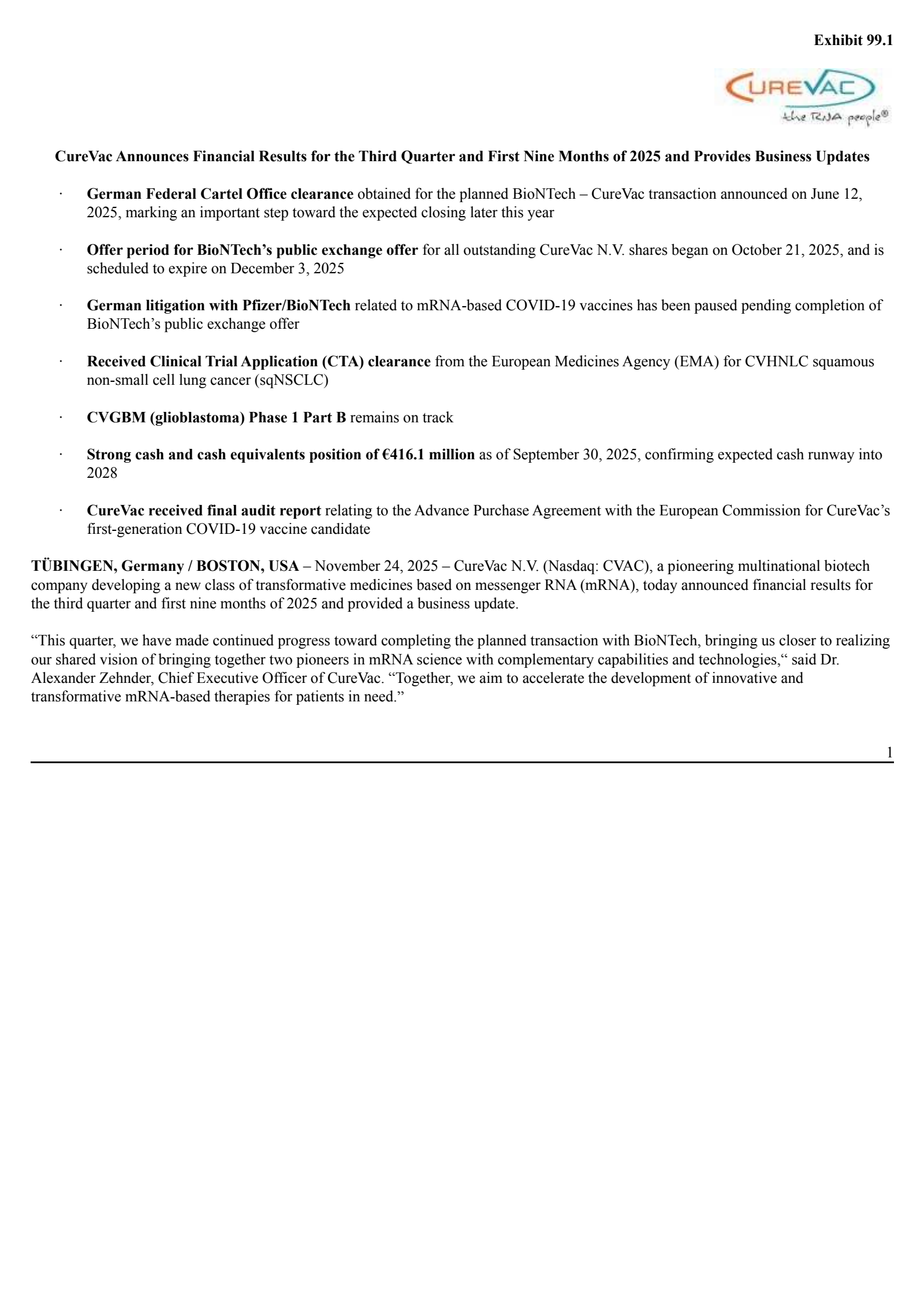 CureVac's Q3 2025 Earnings Release