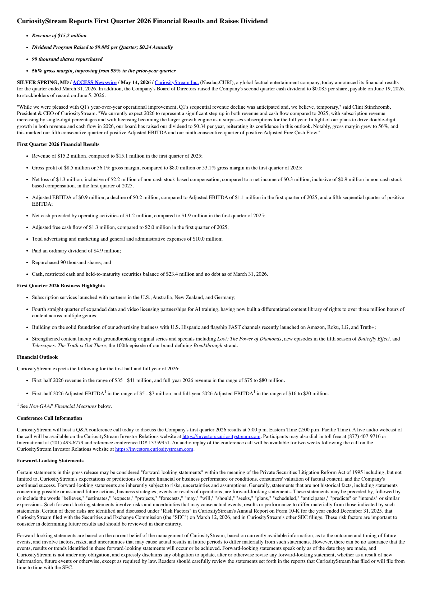 CuriosityStream's Q1 2026 Press Release