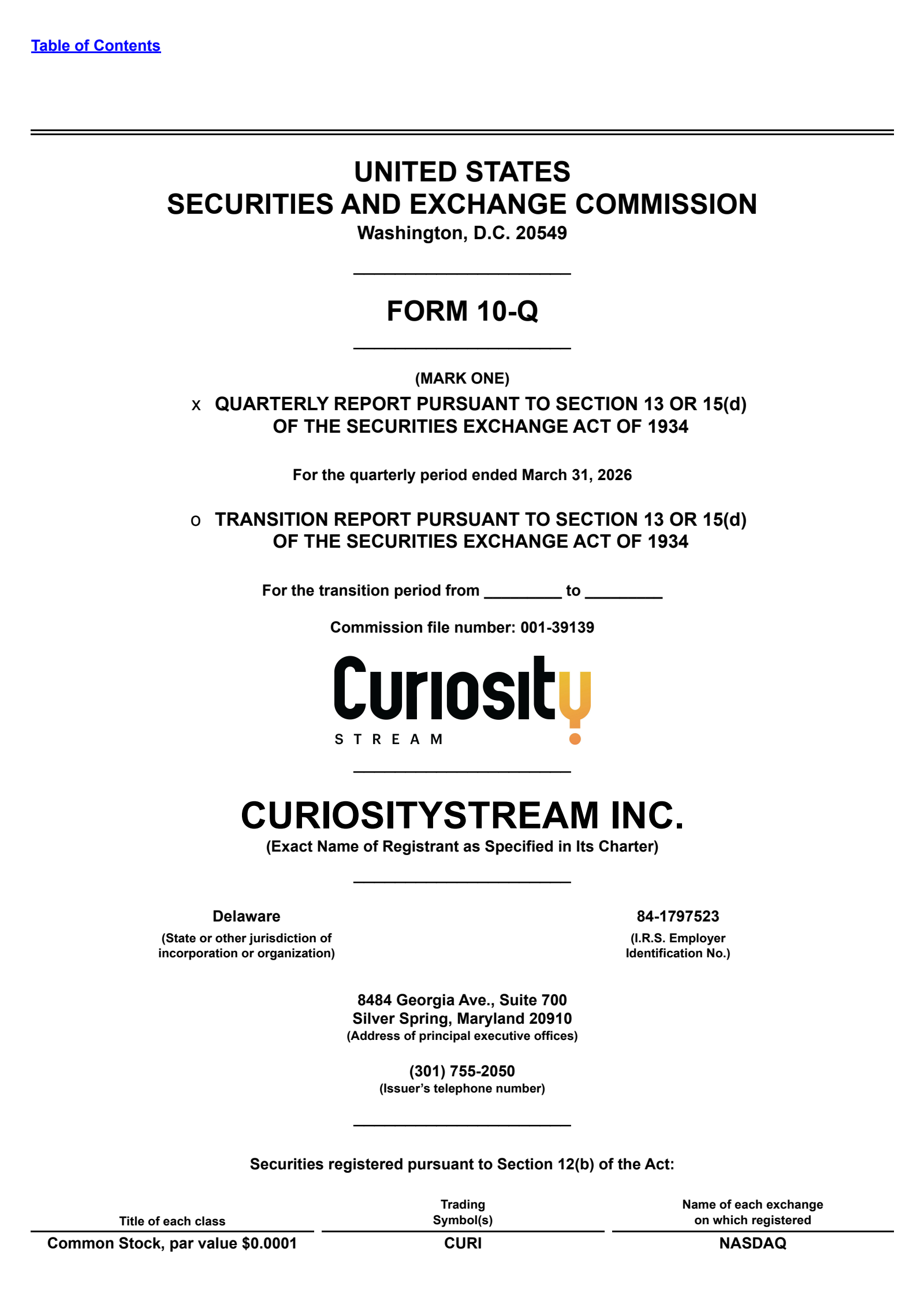CuriosityStream's Q1 2026 Quarterly report