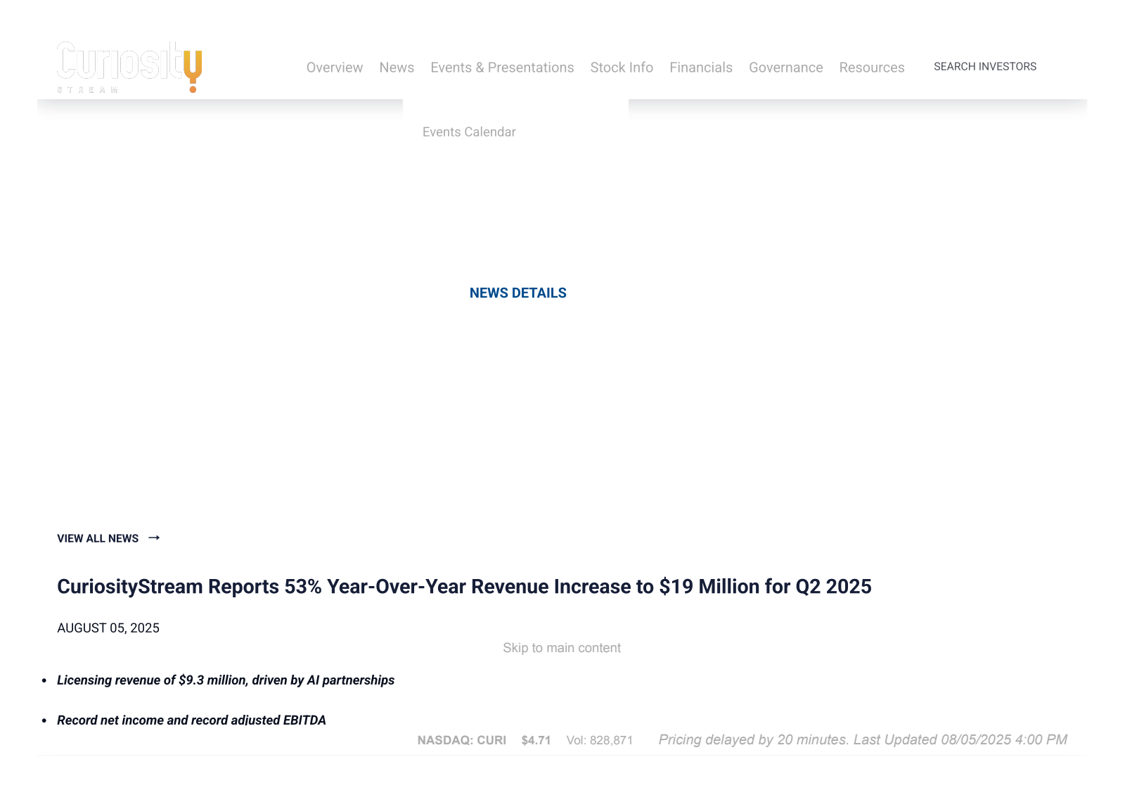 CuriosityStream's Q2 2025 Press Release