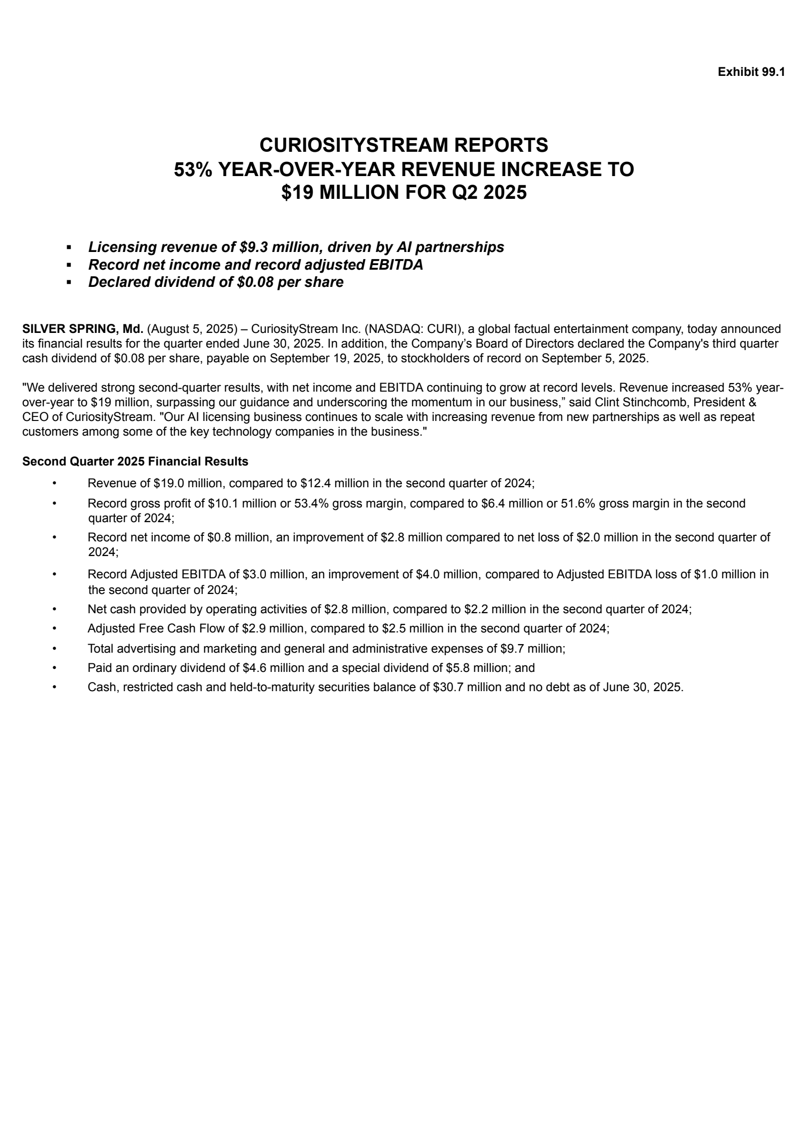 CuriosityStream's Q2 2025 Press Release