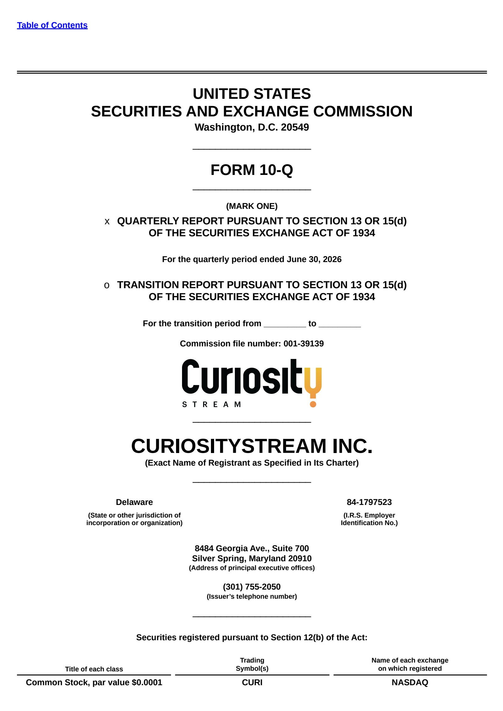 CuriosityStream's Q2 2026 Quarterly report