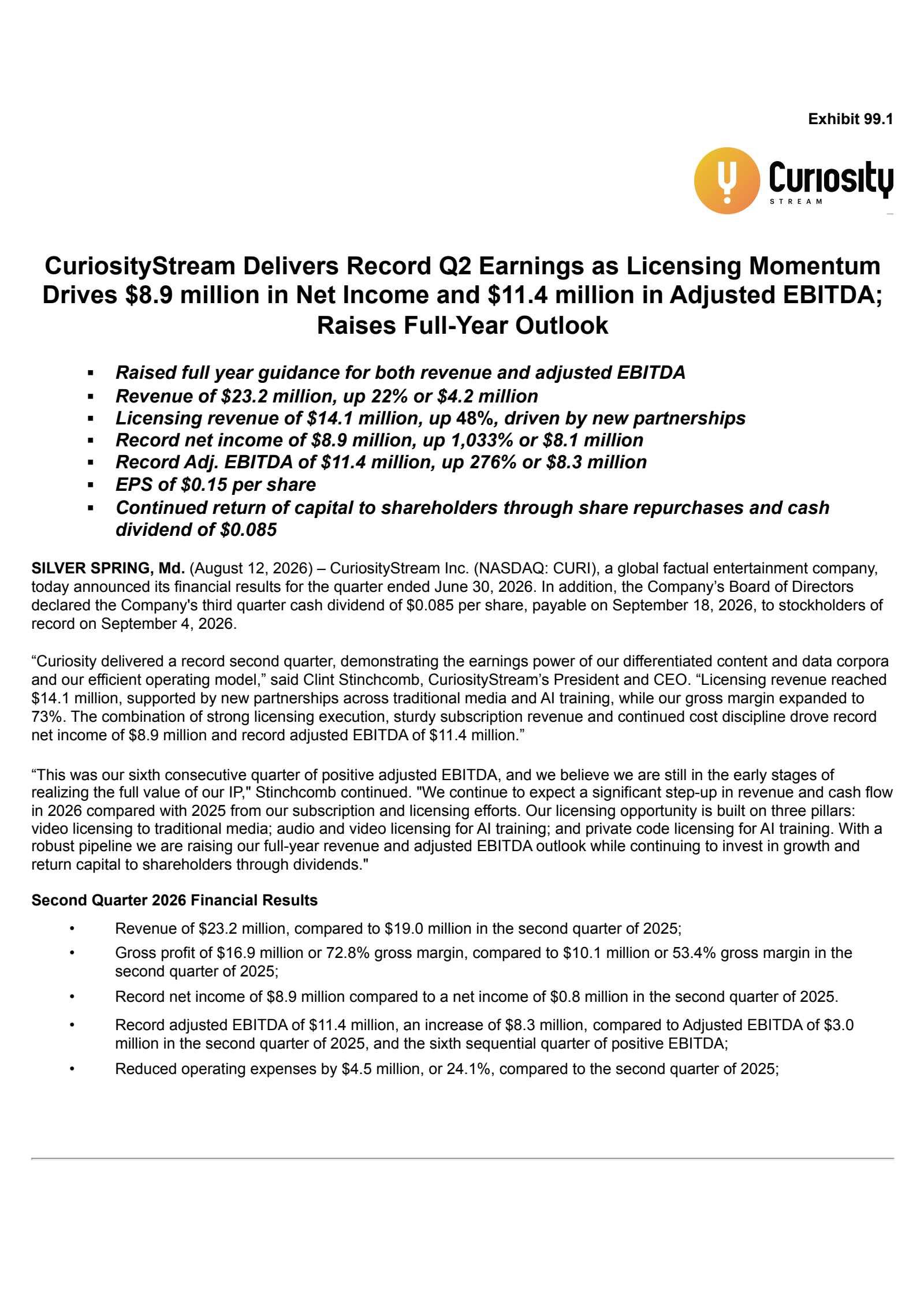 CuriosityStream's Q2 2026 Press Release