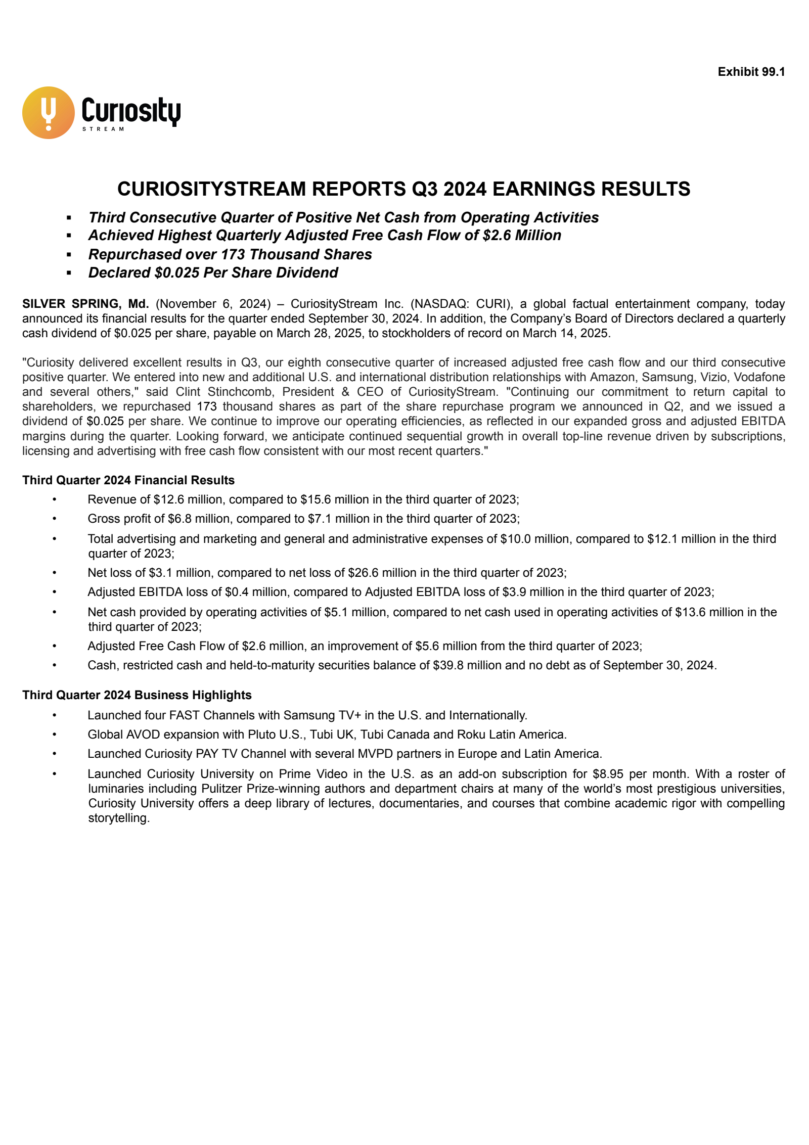 CuriosityStream's Q3 2024 Press Release