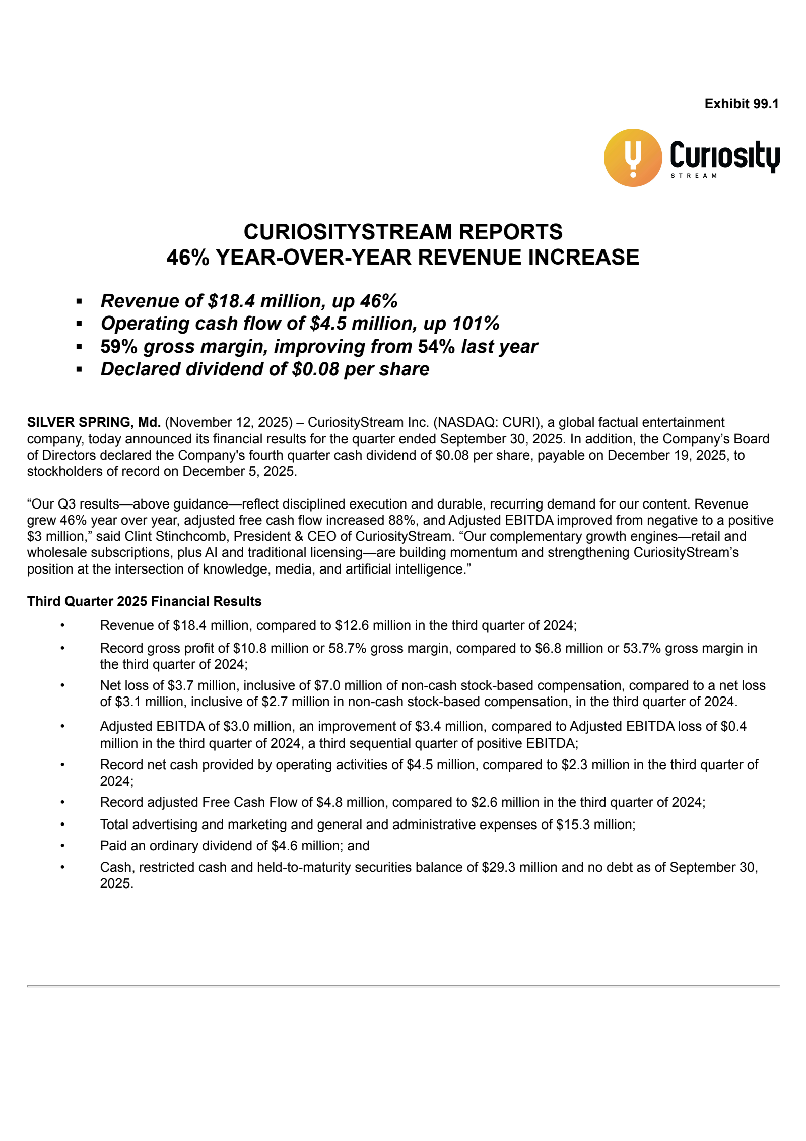 CuriosityStream's Q3 2025 Earnings Release