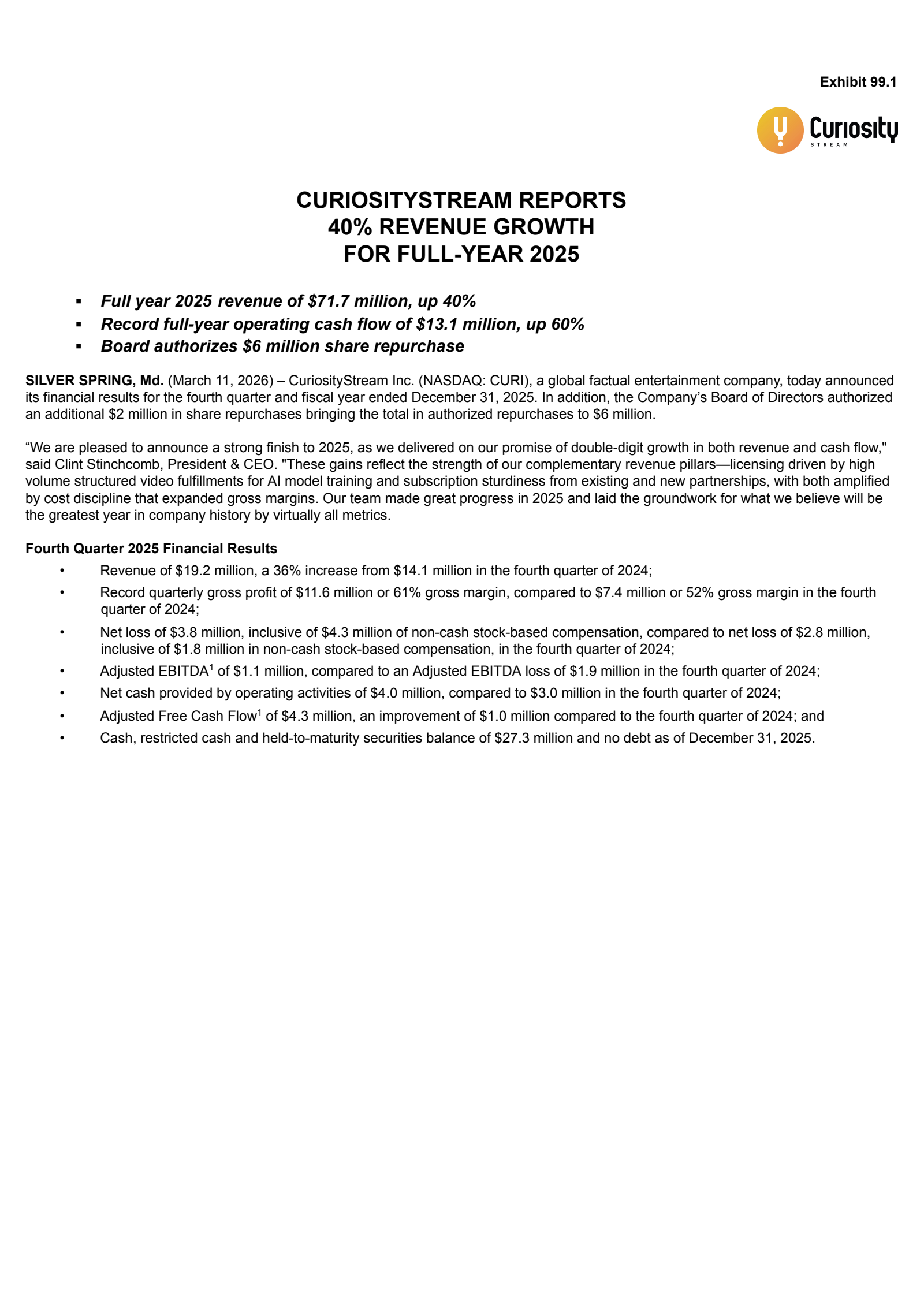CuriosityStream's Q4 2025 Press Release
