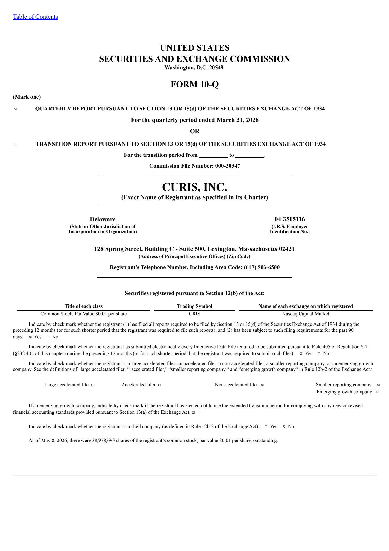 Curis' Q1 2026 Quarterly report