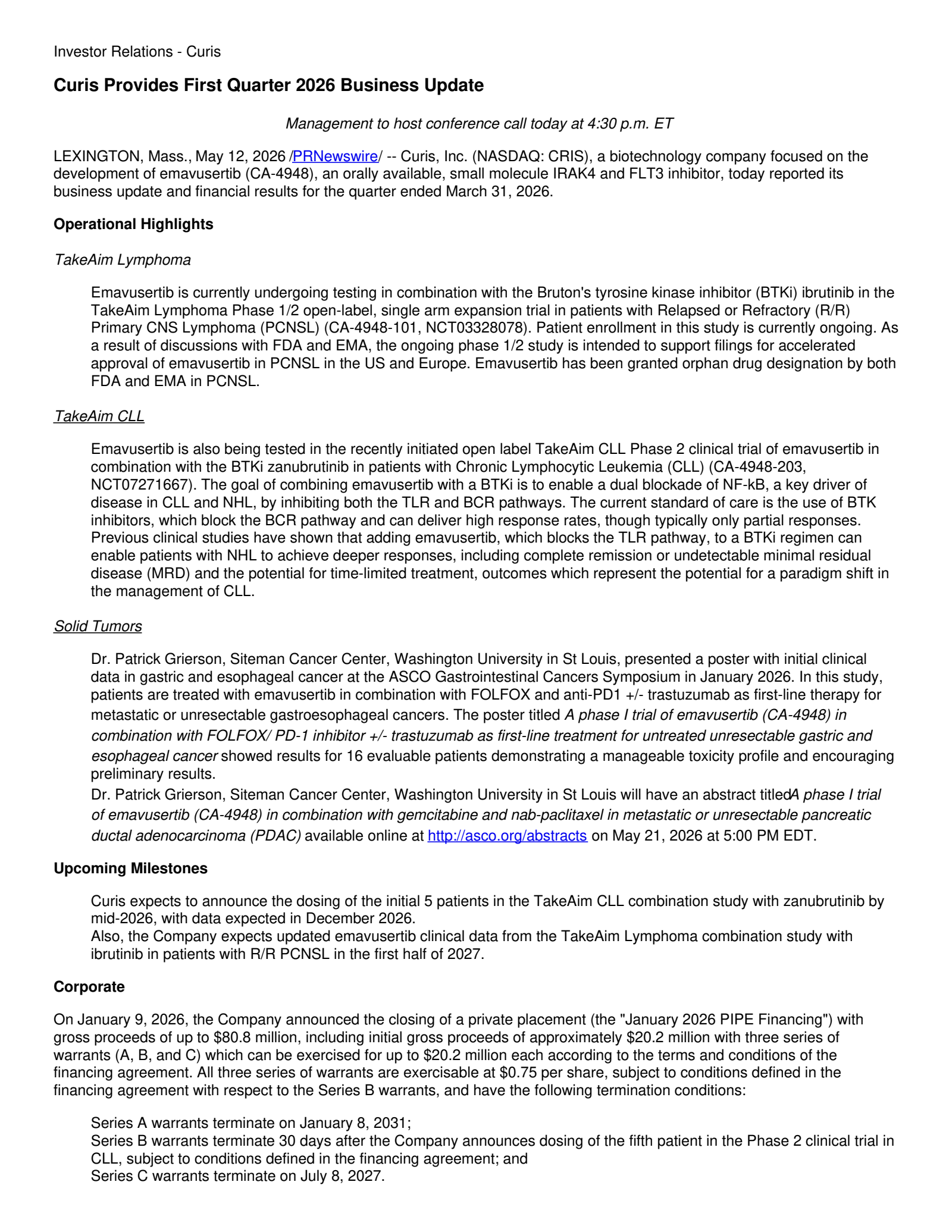 Curis' Q1 2026 Press Release