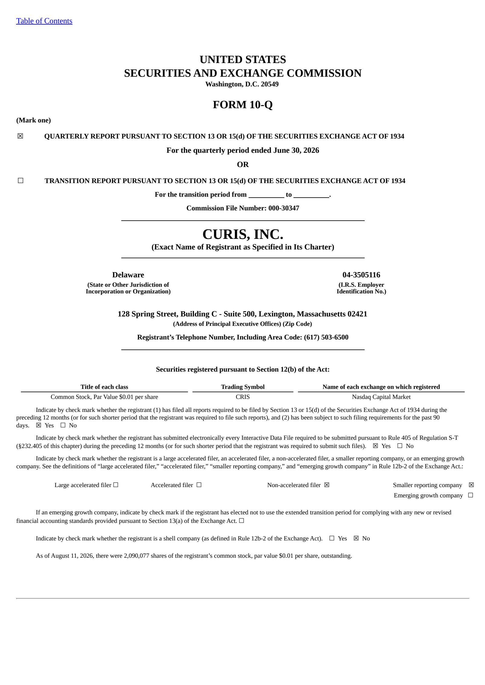 Curis' Q2 2026 Quarterly report
