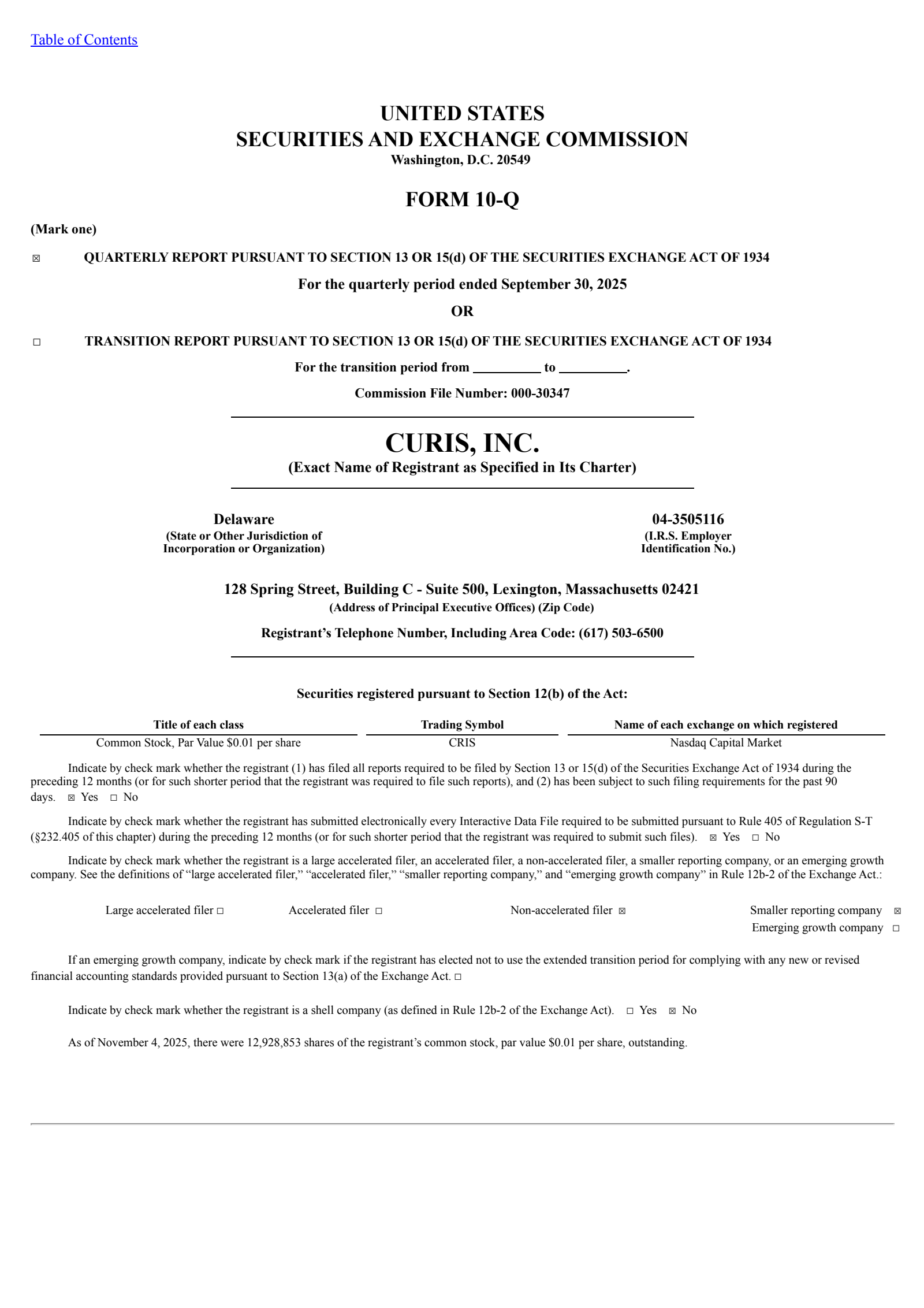 Curis' Q3 2025 Quarterly Report