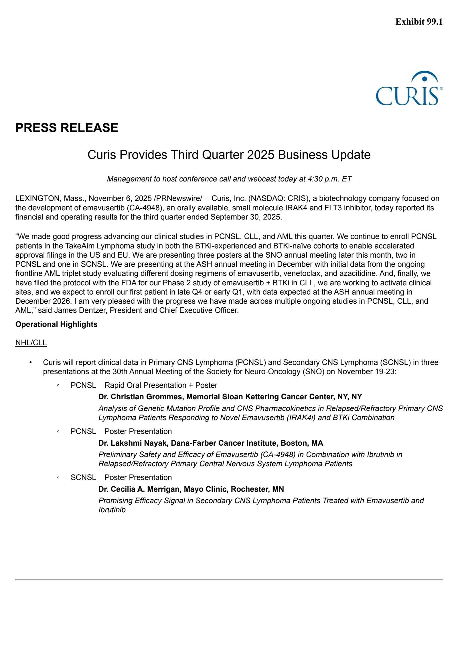 Curis' Q3 2025 Earnings Release