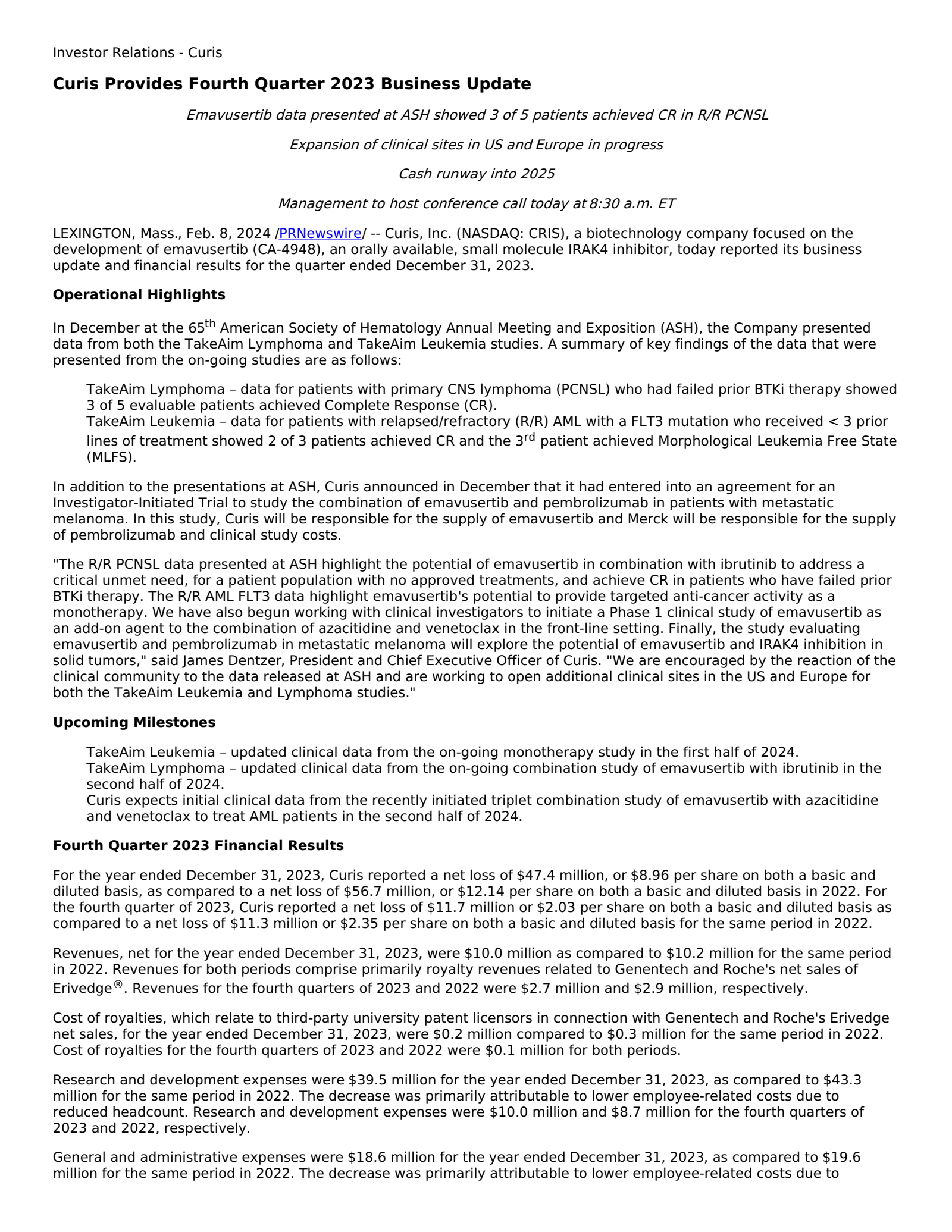 Curis' Q4 2023 Press Release