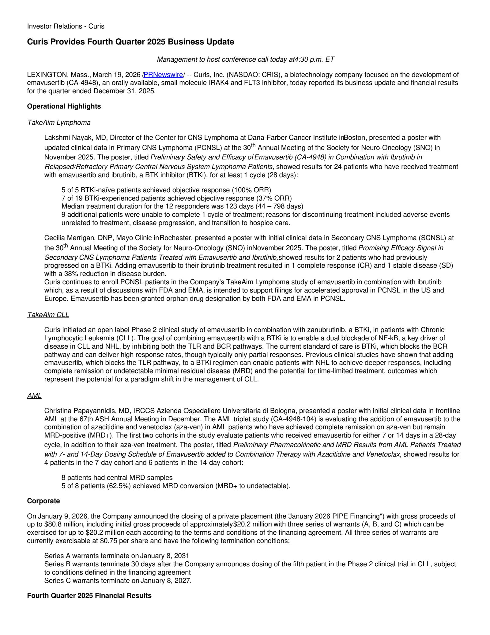 Curis' Q4 2025 Press Release