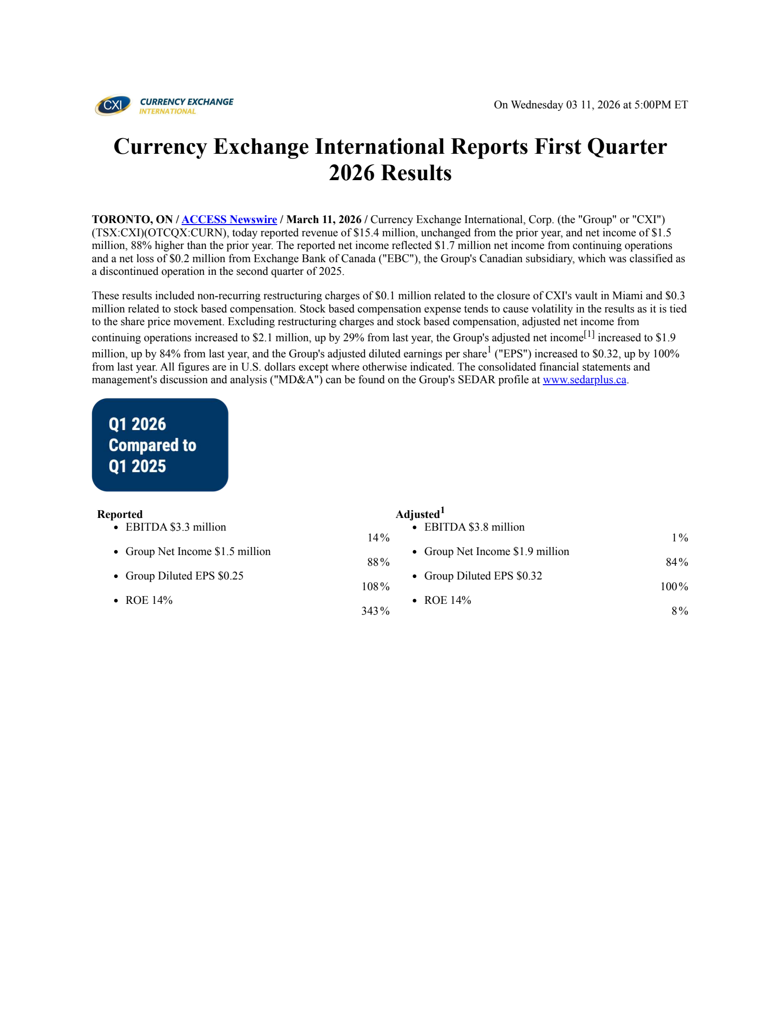 Currency Exchange International's Q1 2026 Press Release