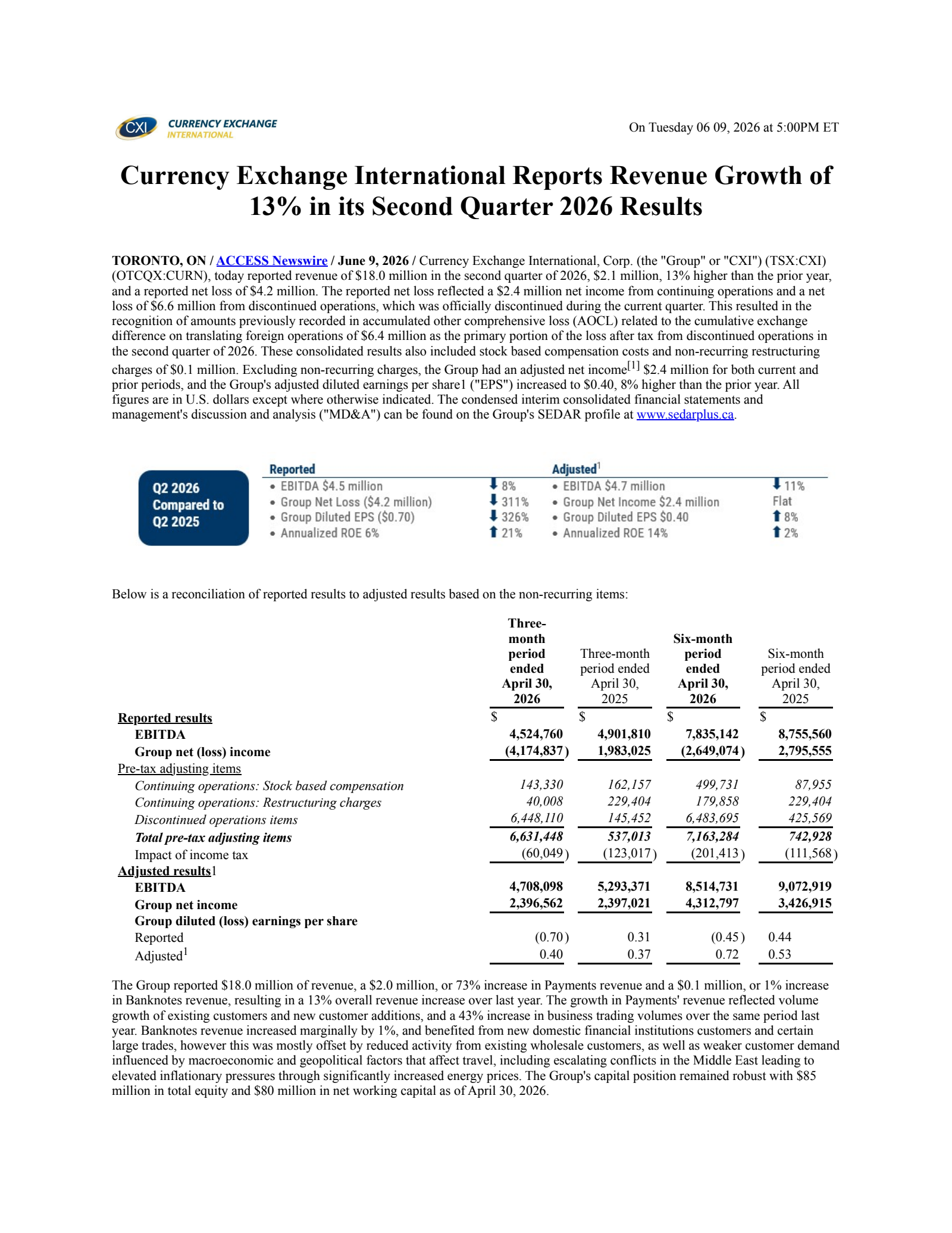 Currency Exchange International's Q2 2026 Press Release
