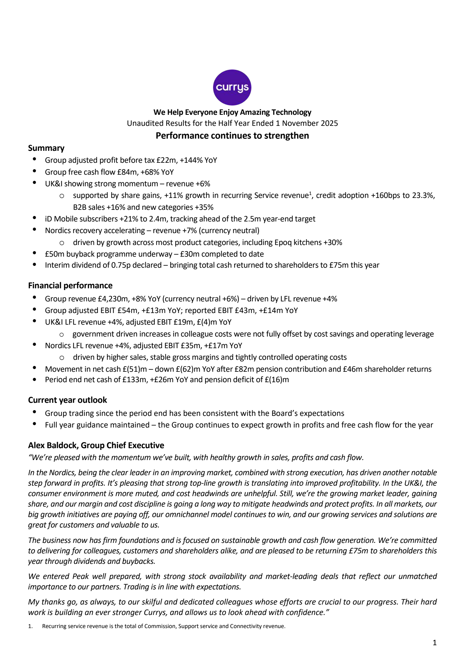 Currys' H1 2026 Interim Report