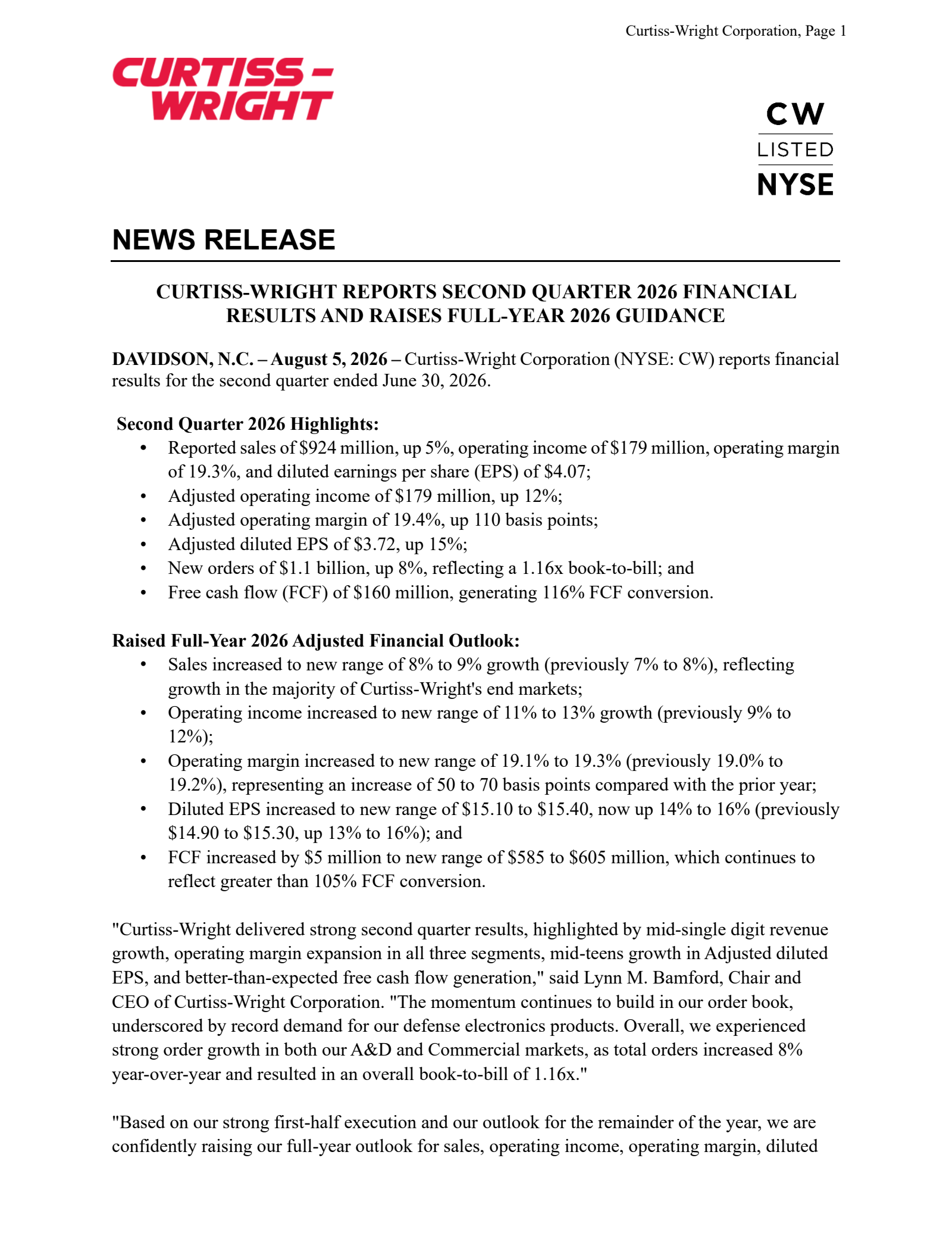 Curtiss-Wright's Q2 2026 Press Release