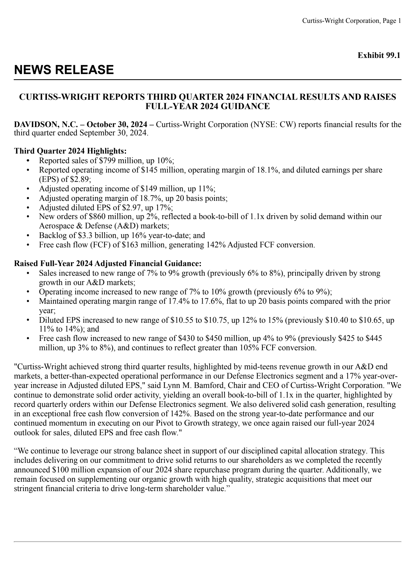 Curtiss-Wright's Q3 2024 Press Release