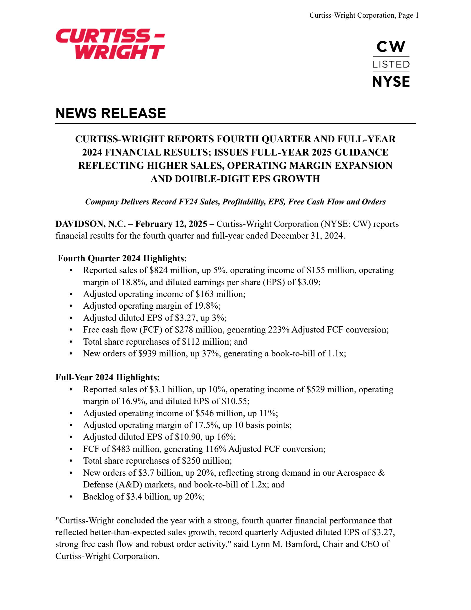 Curtiss-Wright's Q4 2024 Press Release