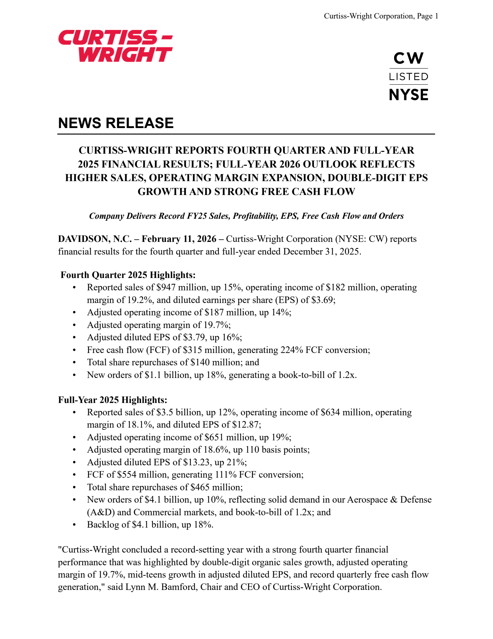 Curtiss-Wright's Q4 2025 Press Release