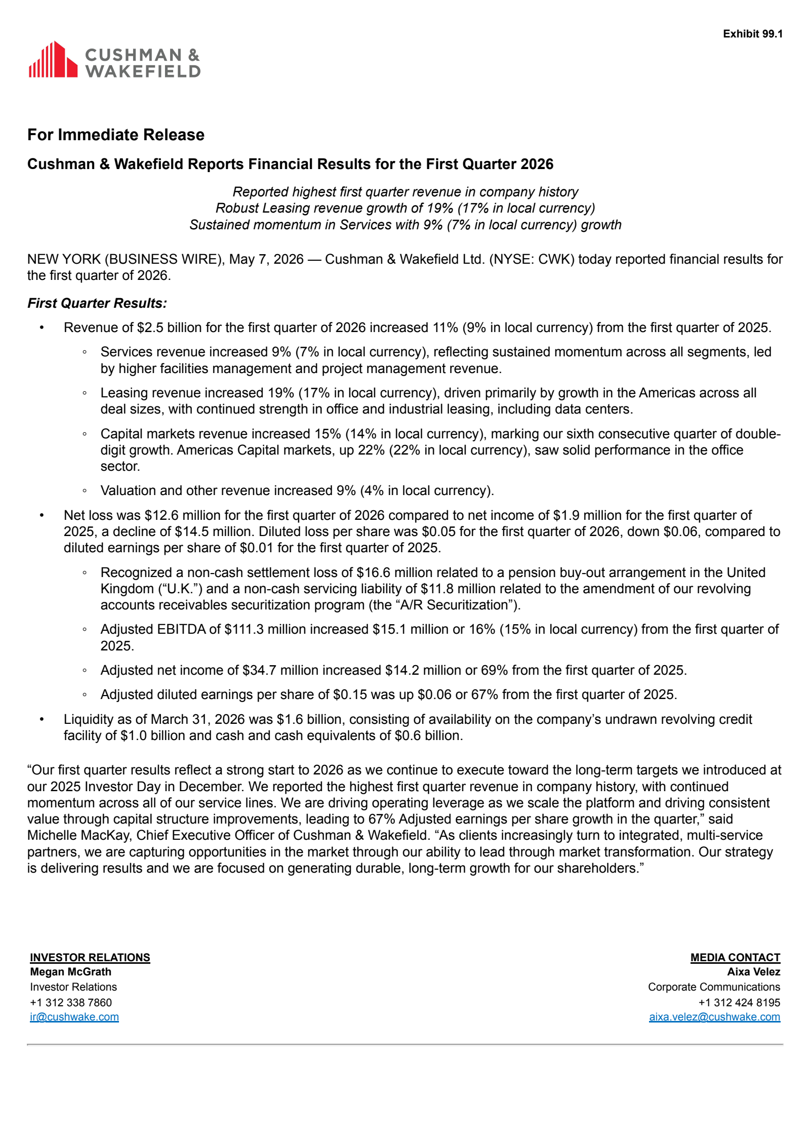 Cushman & Wakefield's Q1 2026 Press Release