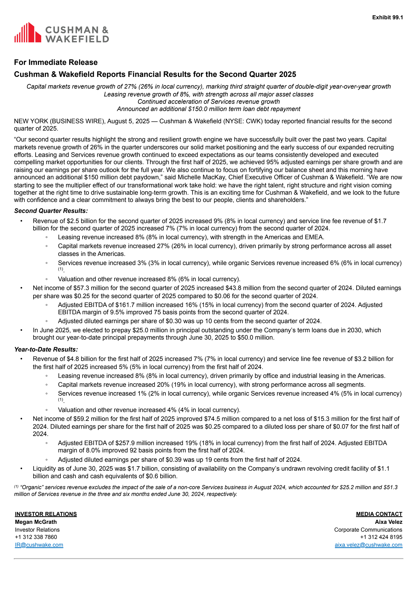 Cushman & Wakefield's Q2 2025 Press Release