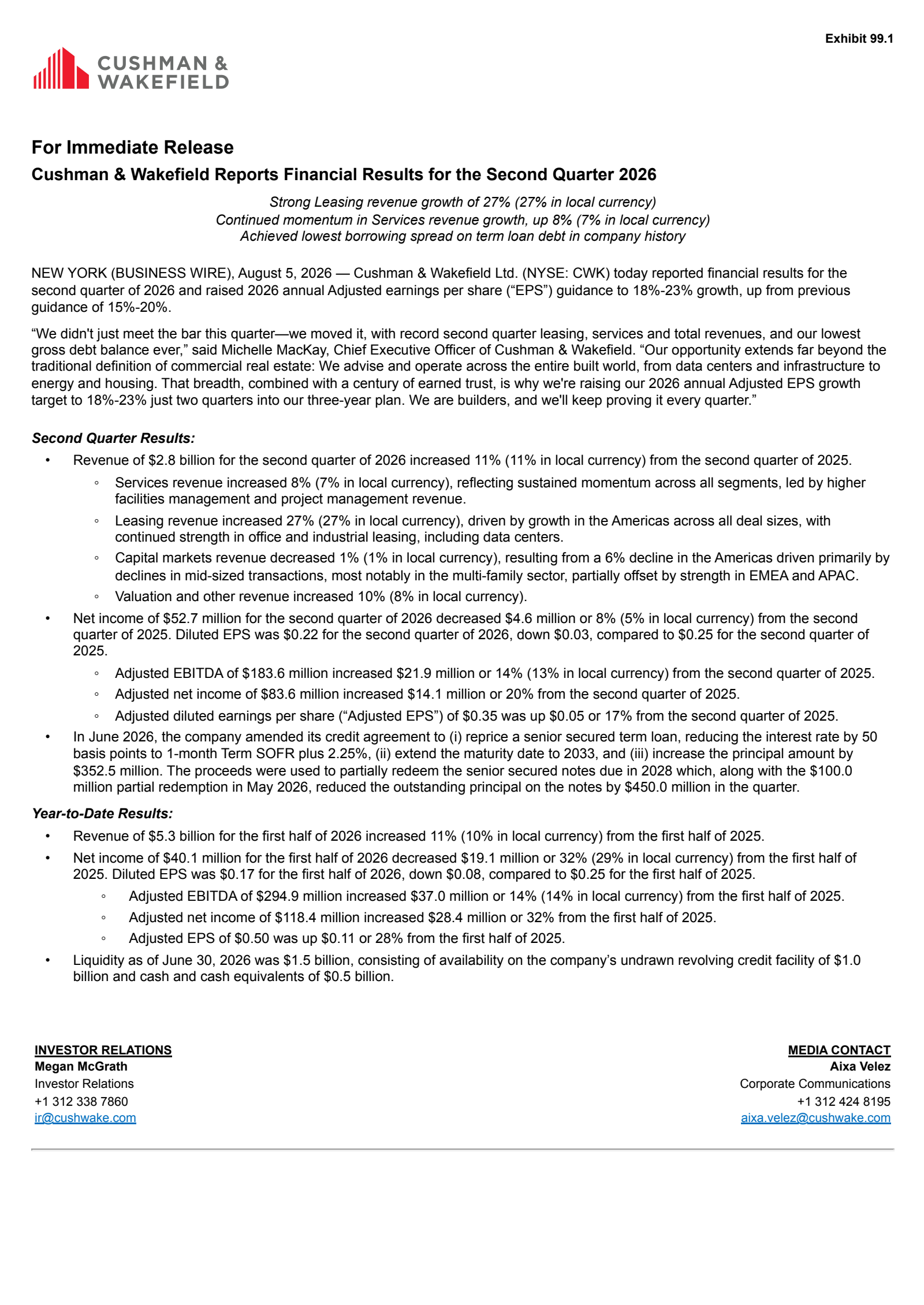 Cushman & Wakefield's Q2 2026 Press Release