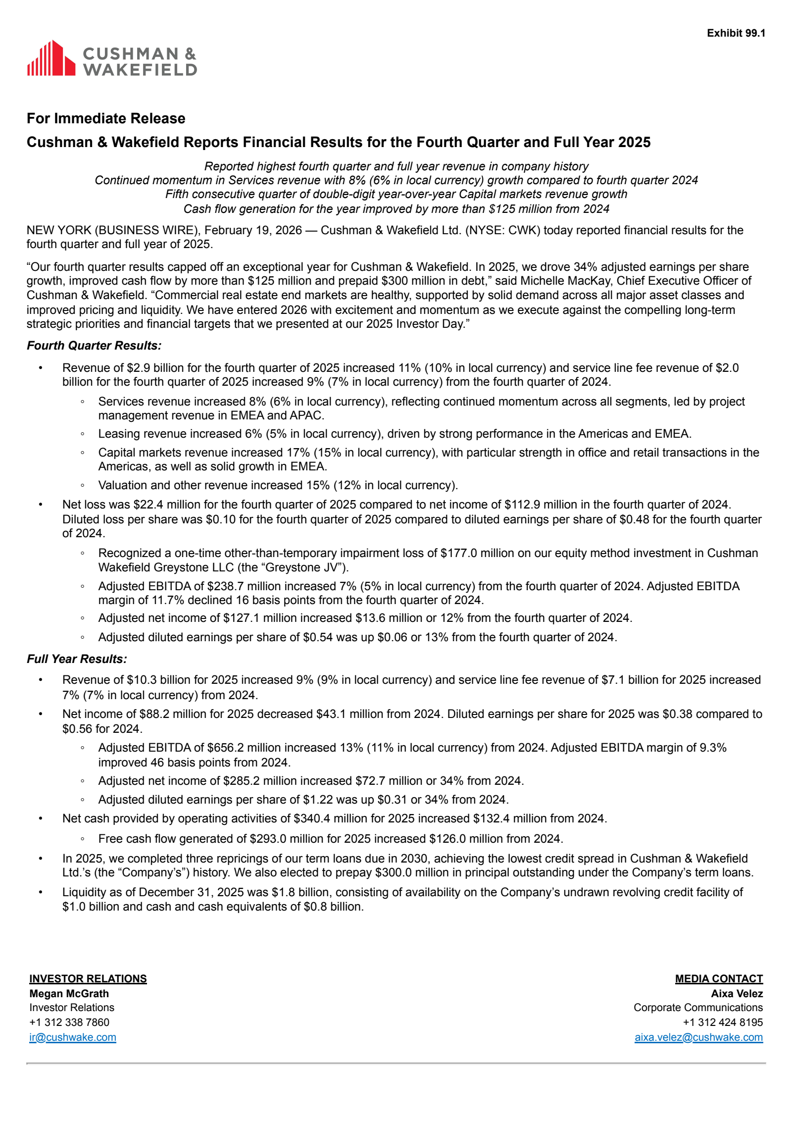 Cushman & Wakefield's Q4 2025 Press Release