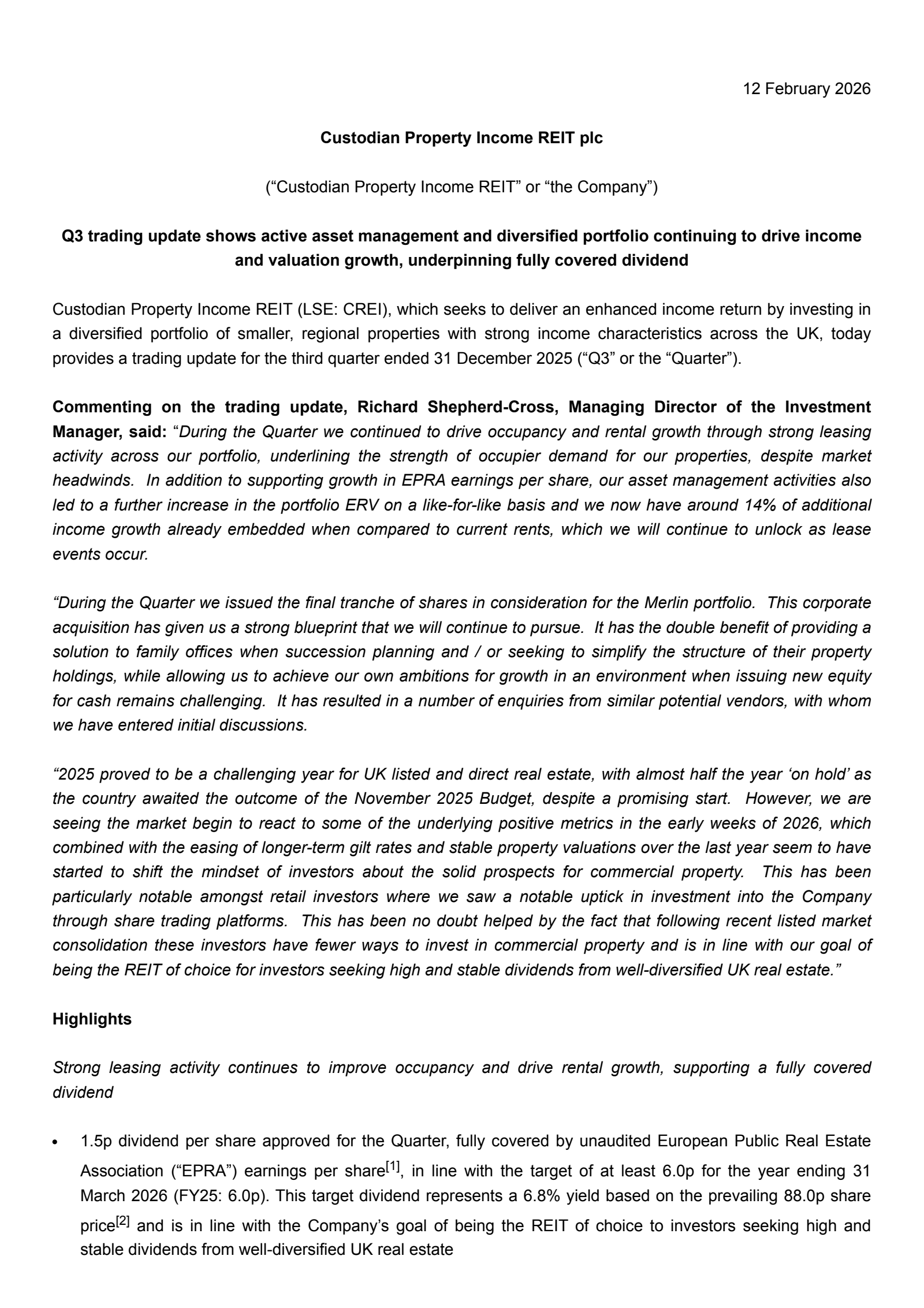 Custodian Property Income REIT's Q3 2026 TU Press Release