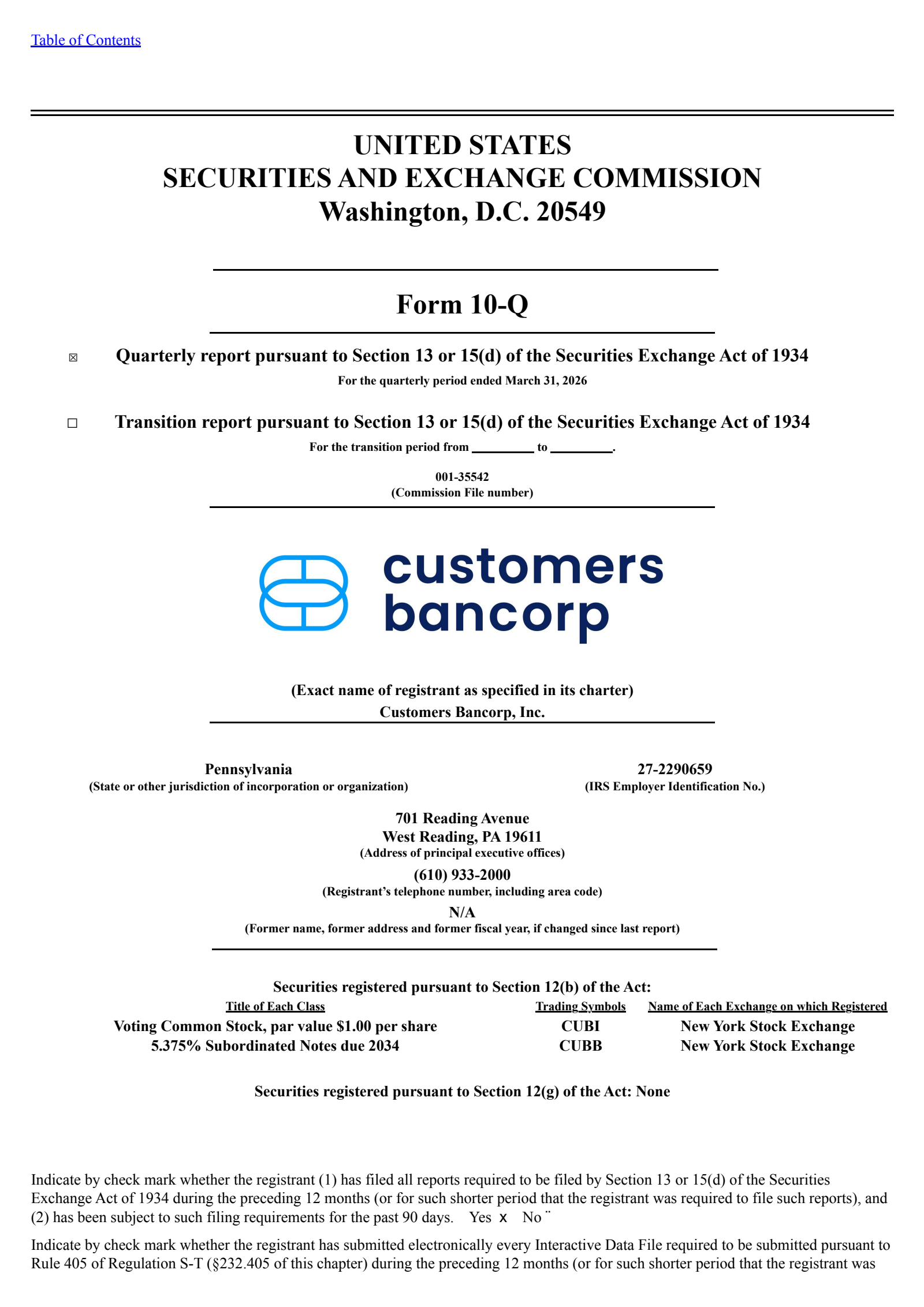 Customers Bancorp's Q1 2026 Quarterly report